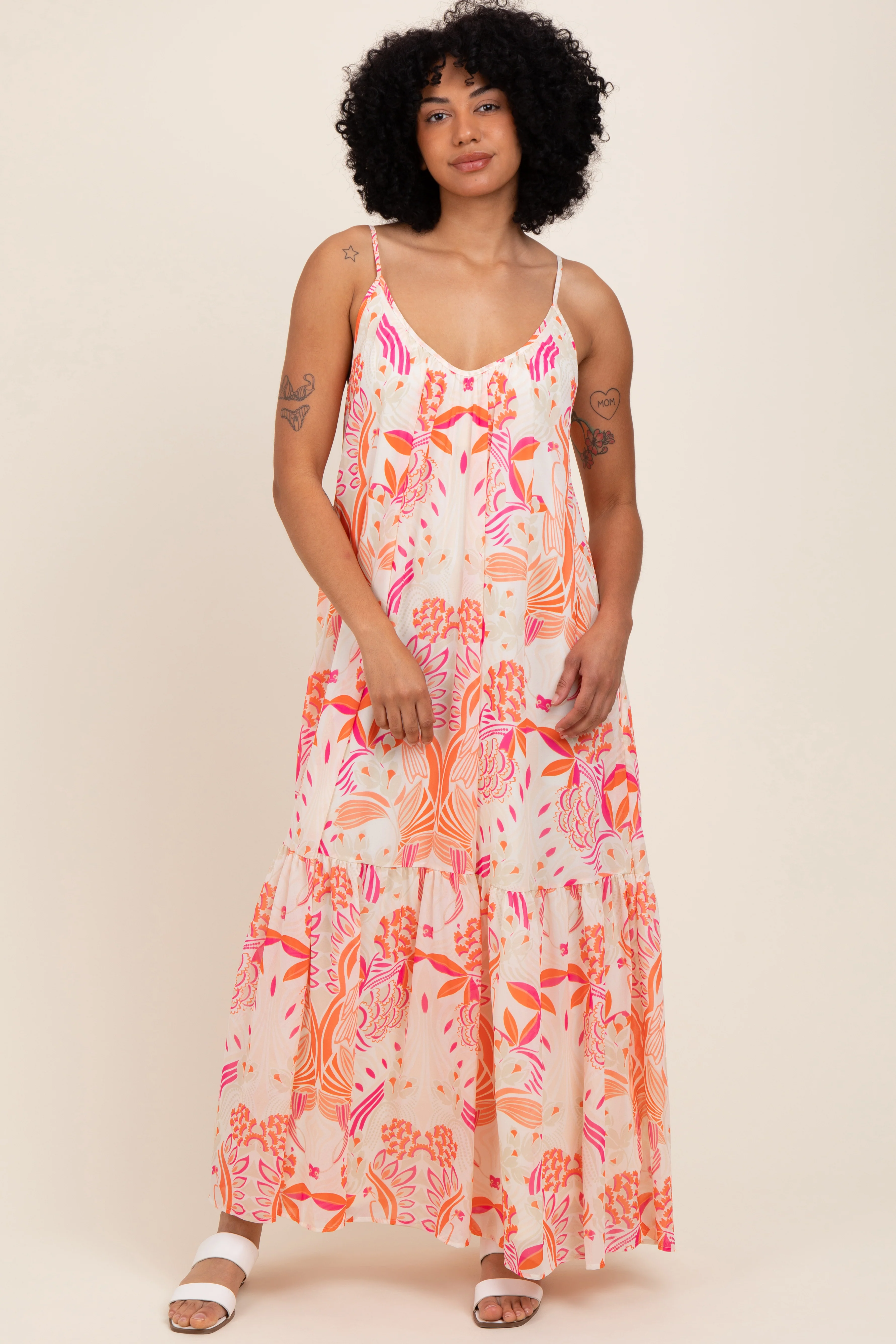 Orange Floral Tie Back Maternity Maxi Dress - Image 5