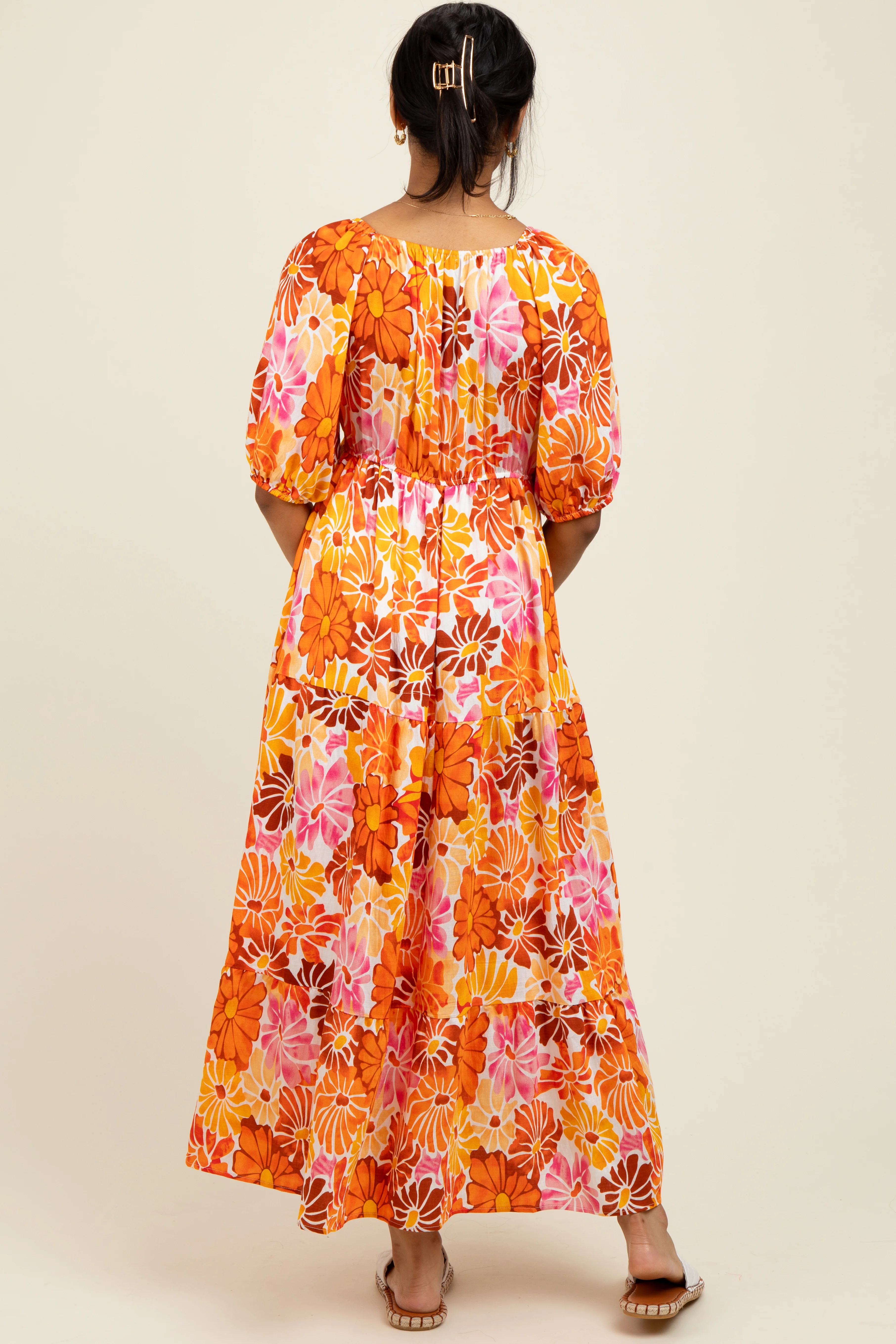 Orange Floral Tiered Puff Sleeve Midi Dress - Image 3