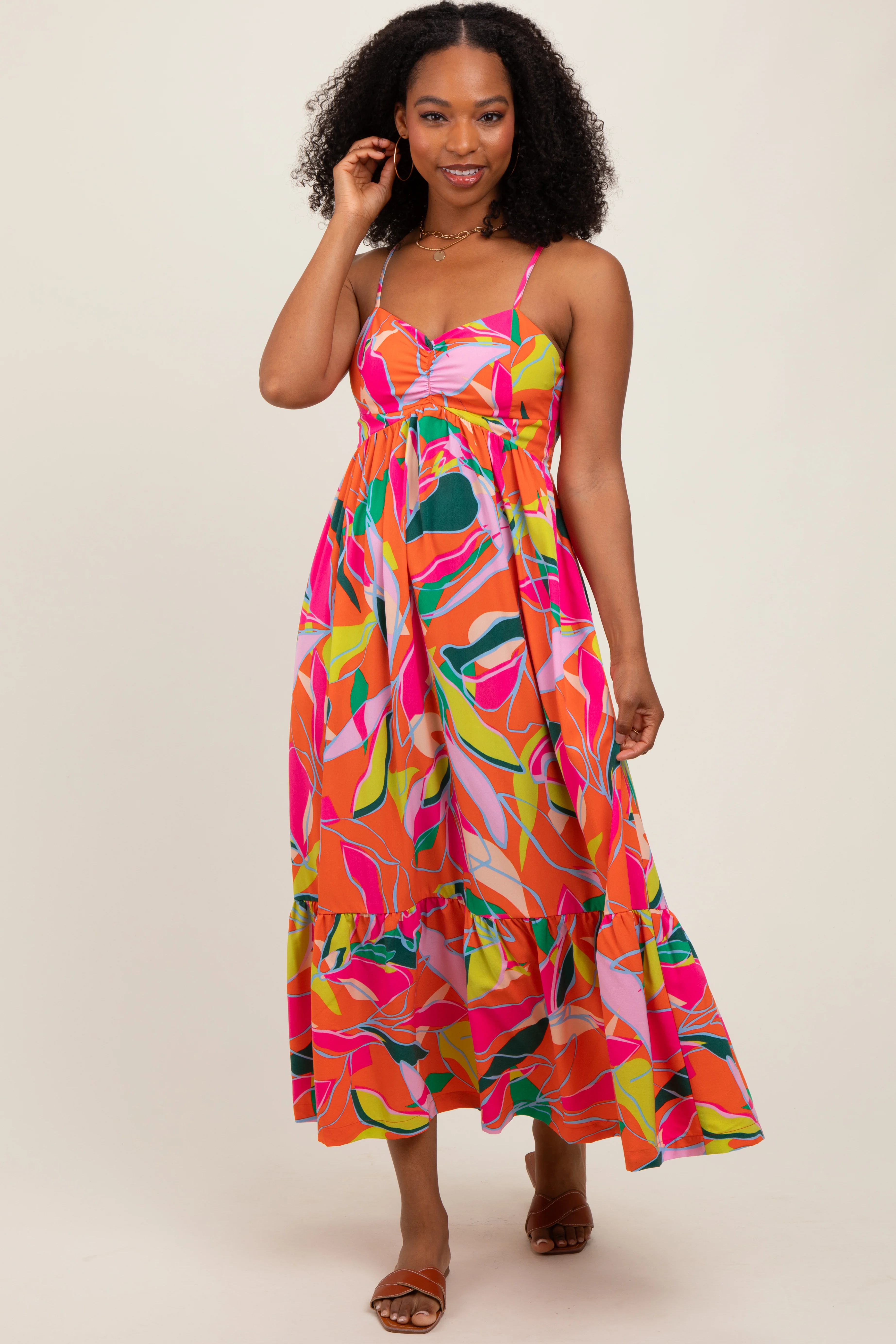 Orange Leaf Print Tie Back Maxi Dress - Image 2