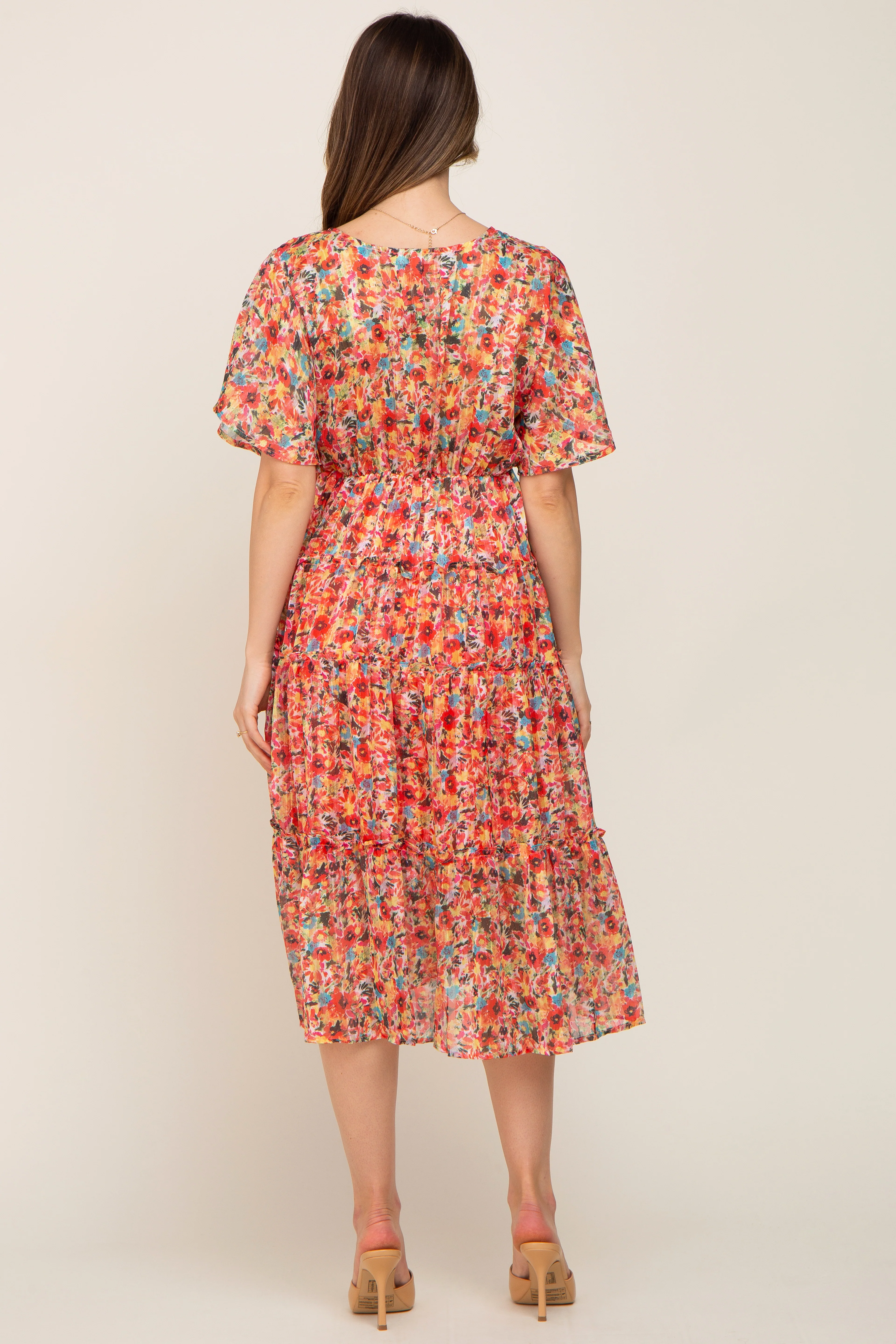 Orange Metallic Striped Chiffon Ruffle Tiered Maternity Midi Dress - Image 4