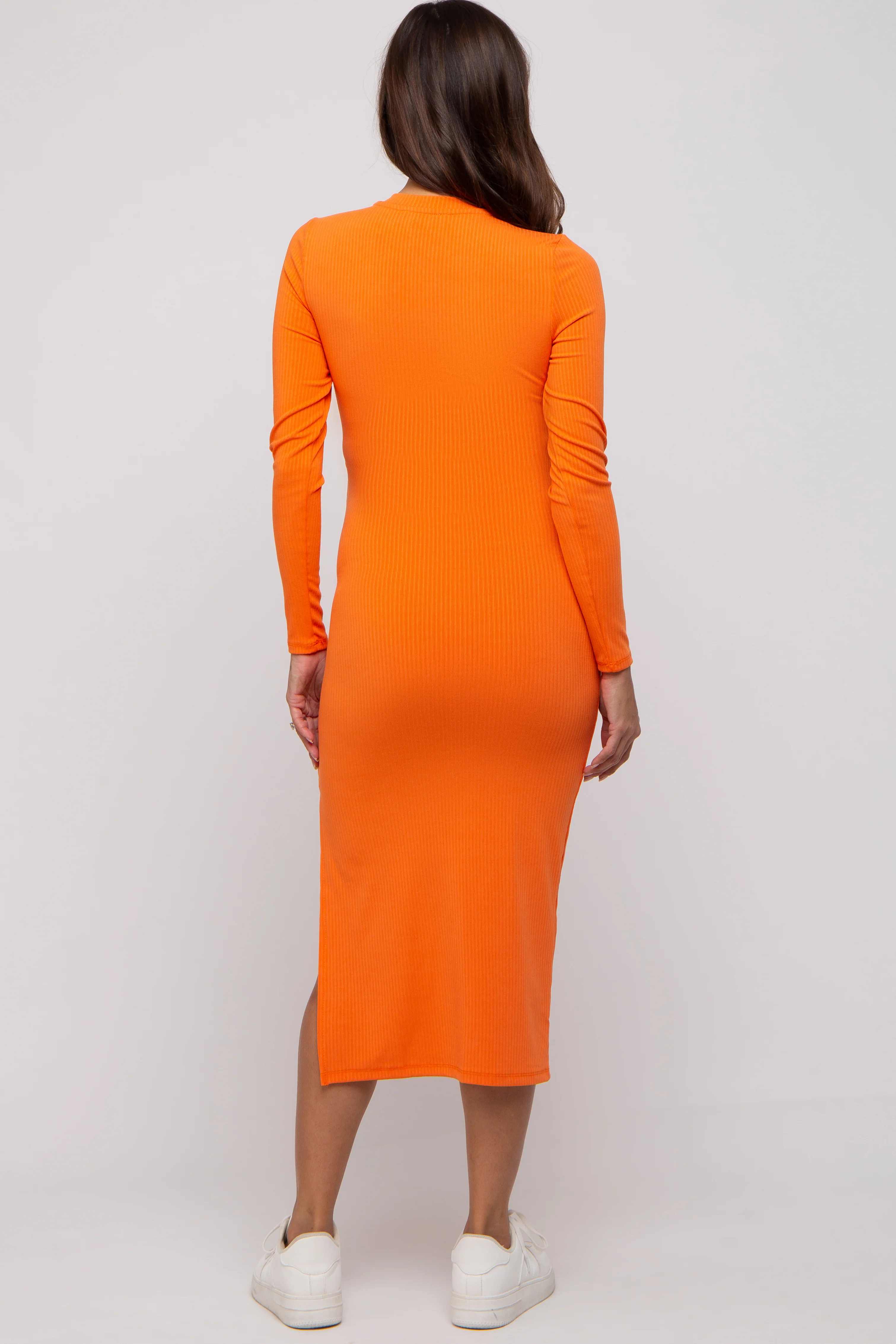 Orange Ribbed Mock Neck Long Sleeve Maternity Midi Dress - Image 3