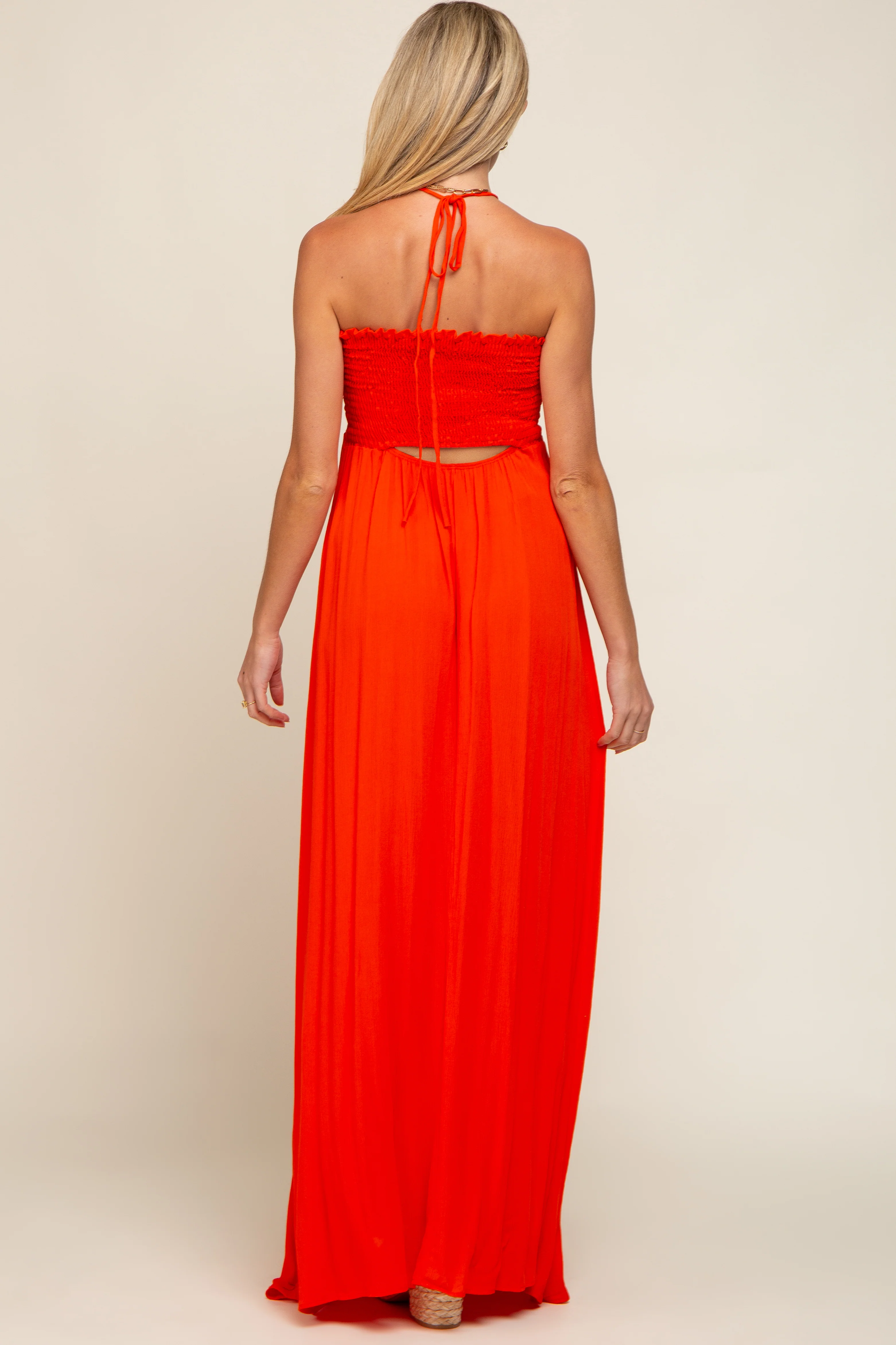 Orange Smocked Halter Maternity Maxi Dress - Image 3