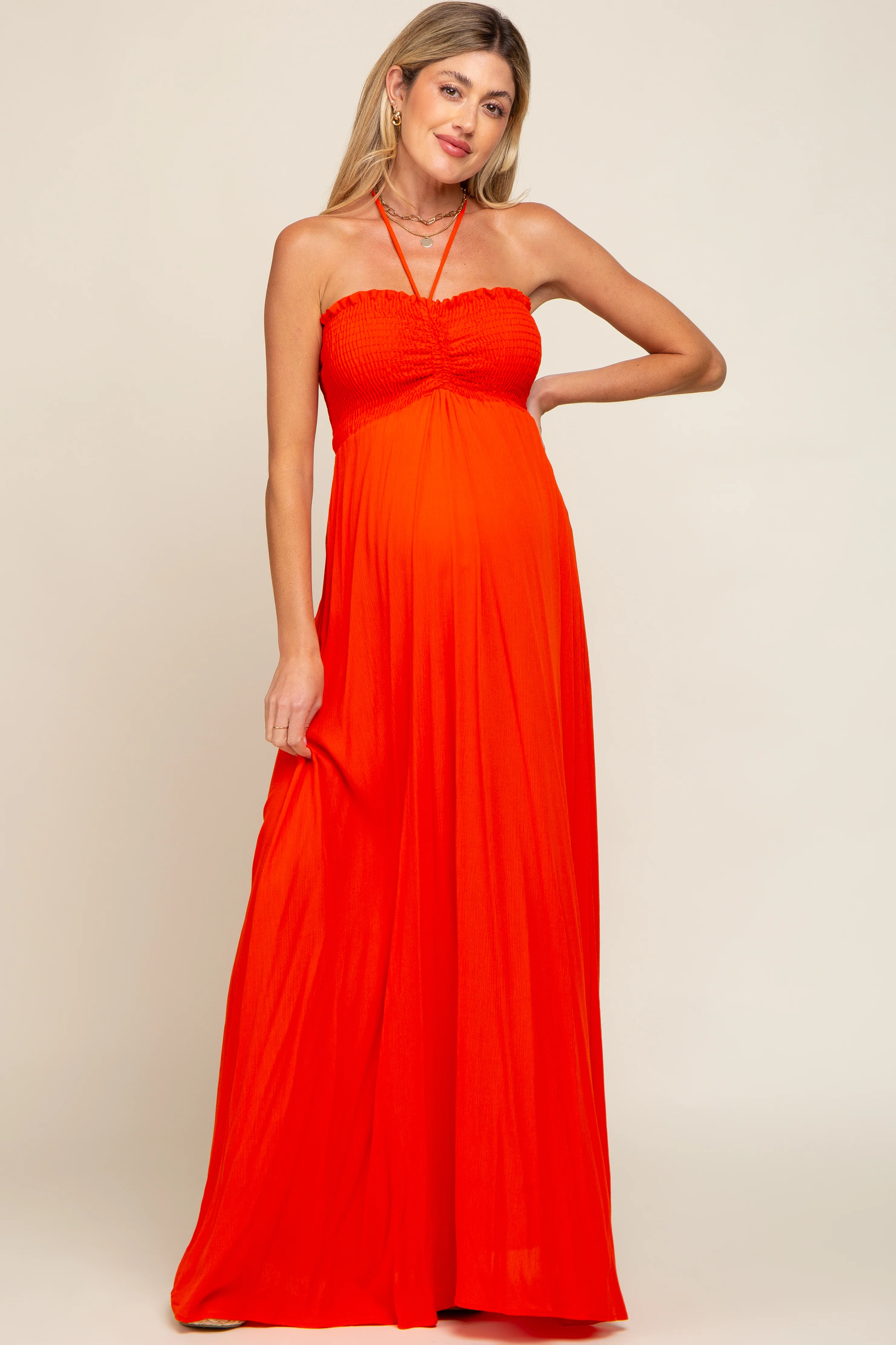 Orange Smocked Halter Maternity Maxi Dress - Image 4