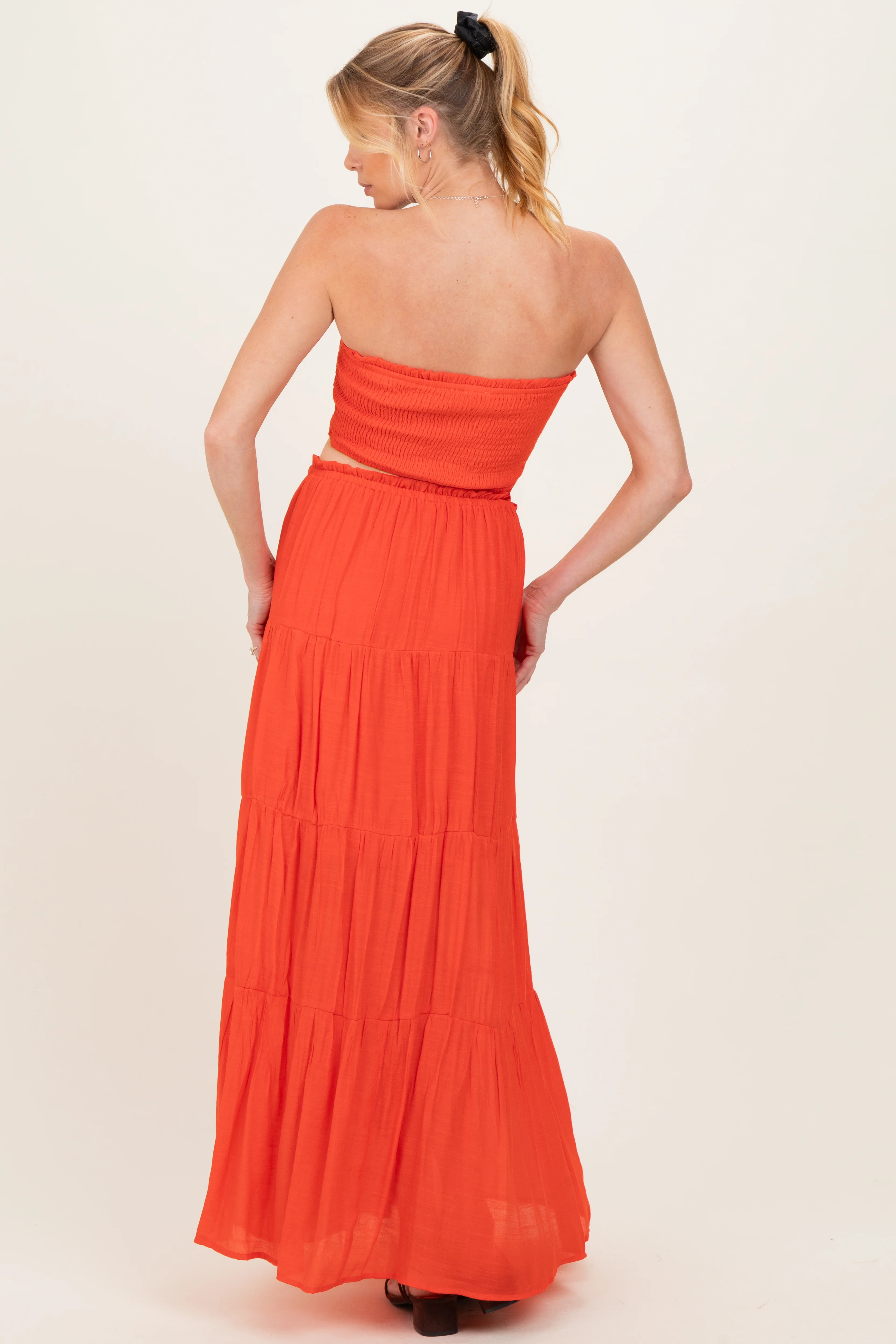 Orange Smocked Tube Top Tiered Skirt Maternity Set - Image 4