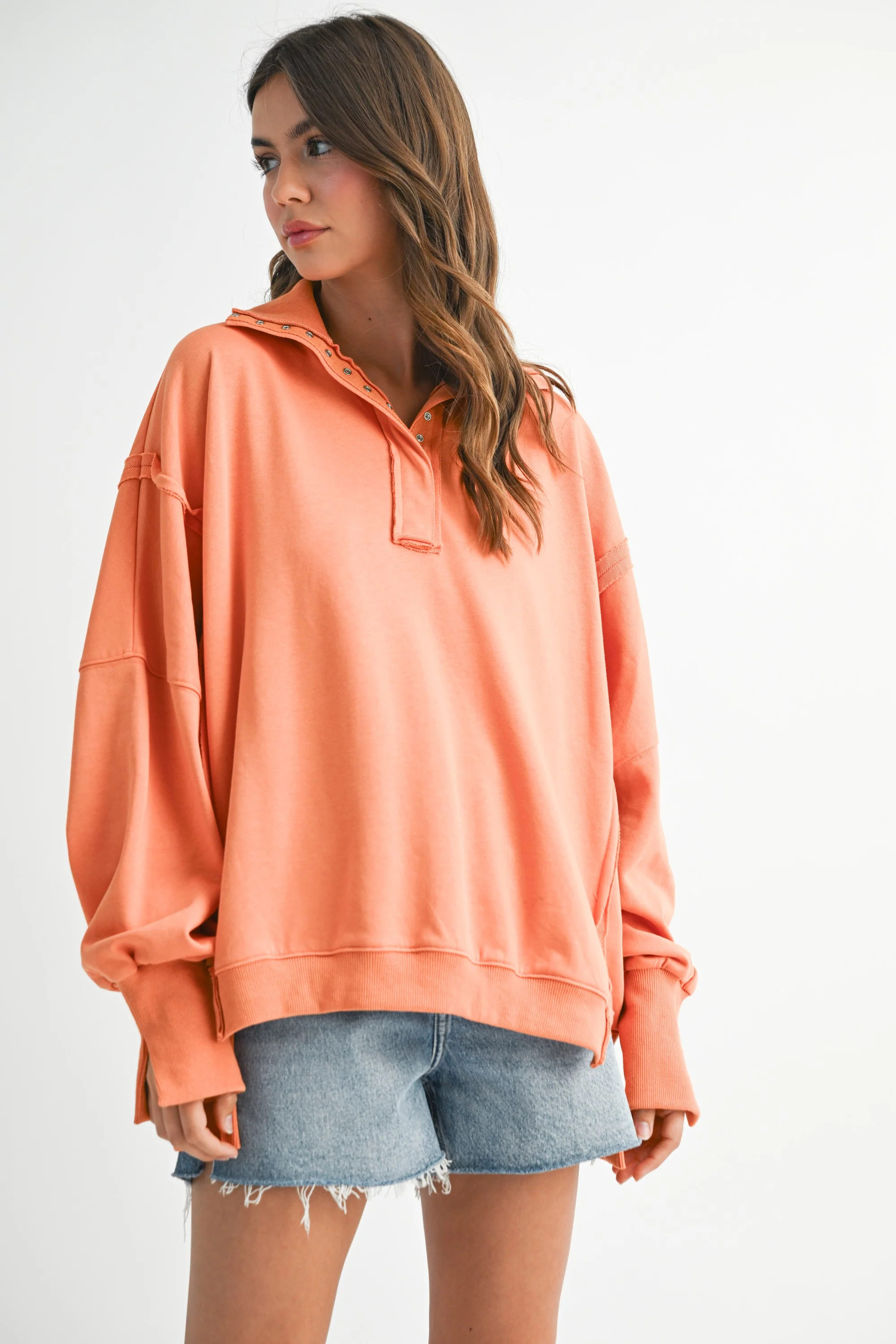 Orange Snap Button Pullover Henley Sweatshirt - Image 2