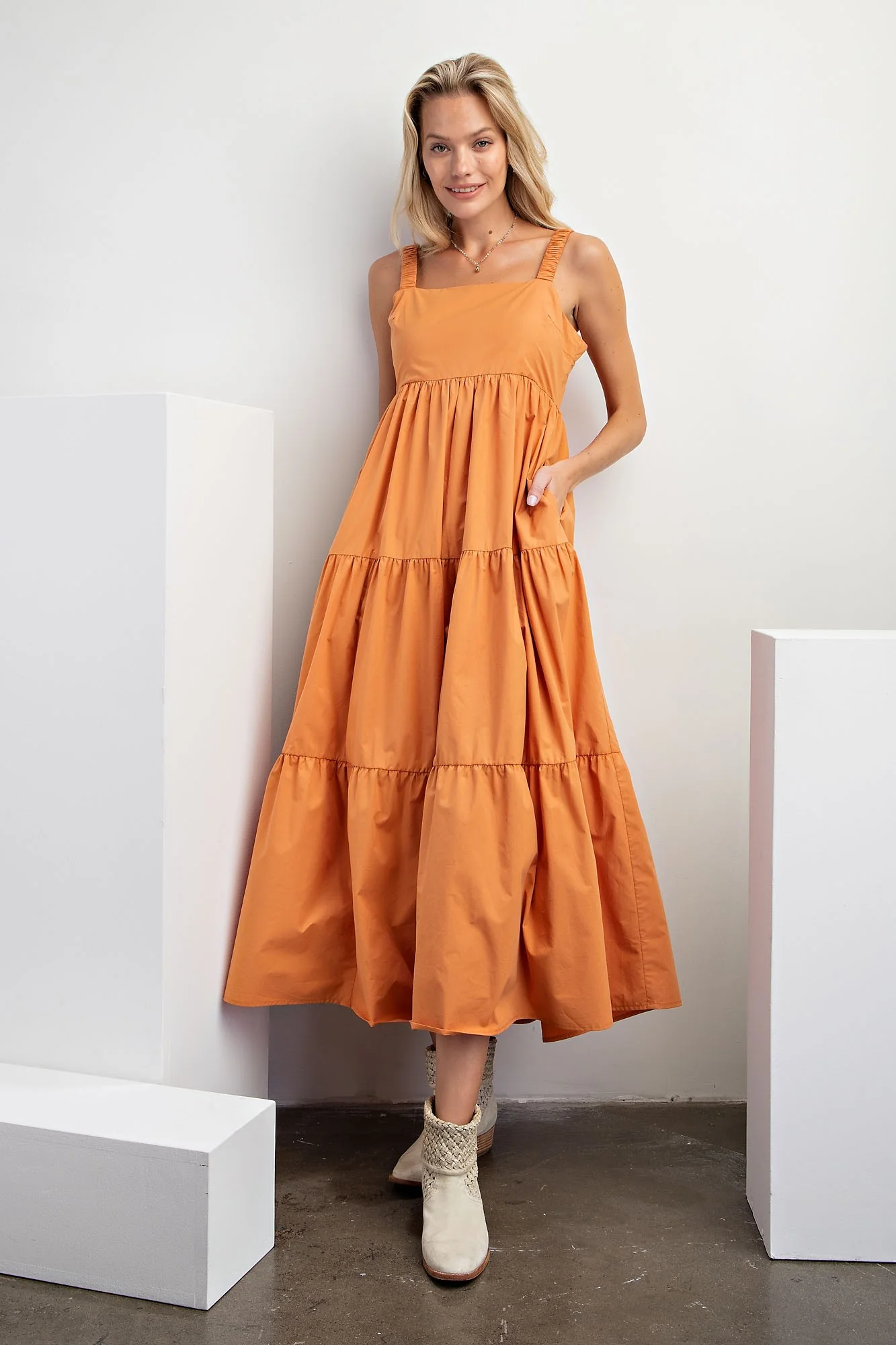 Orange Square Neck Cut Out Back Tiered Maternity Maxi Dress - Image 4