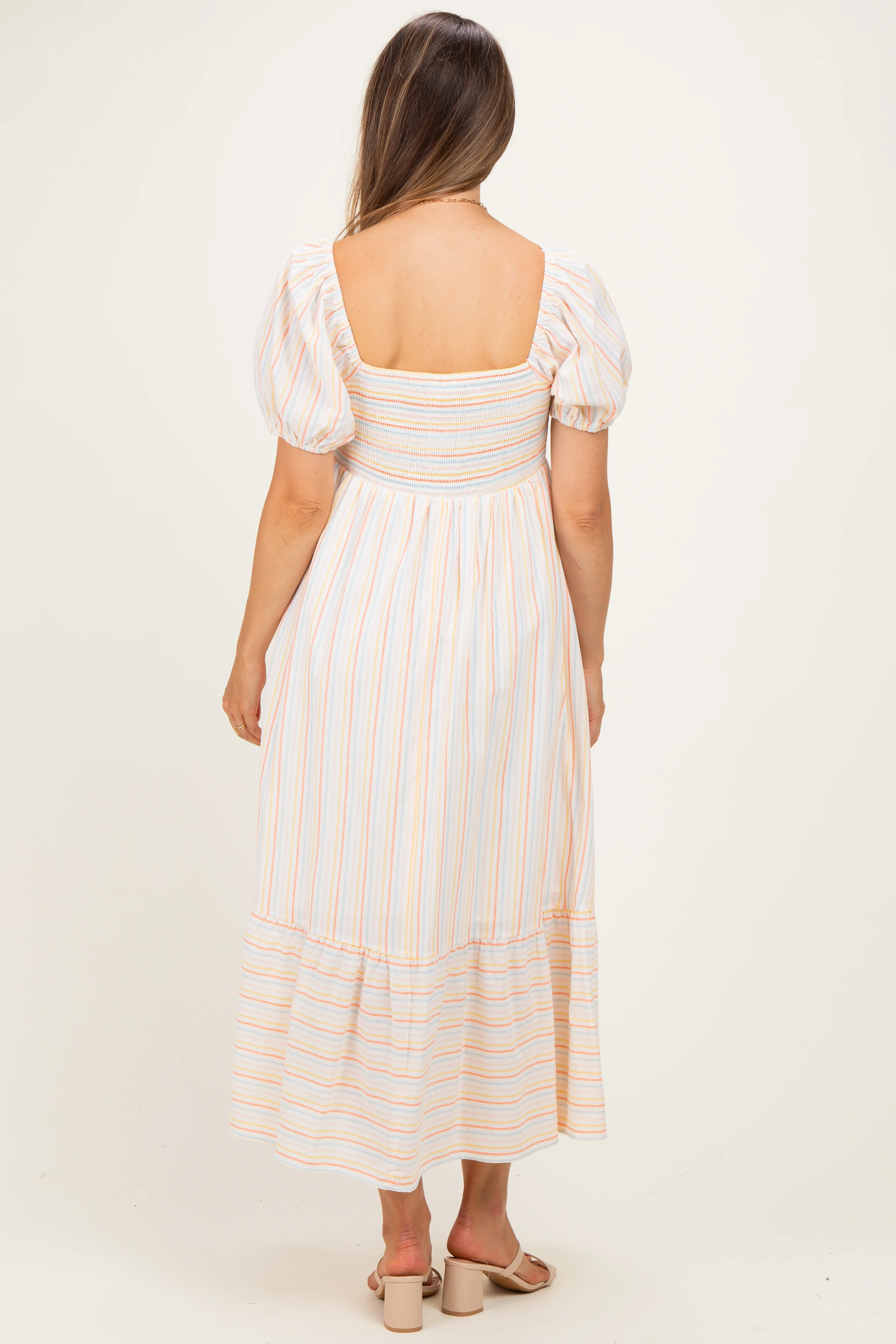 Orange Stripe Sweetheart Neckline Maternity Midi Dress - Image 3