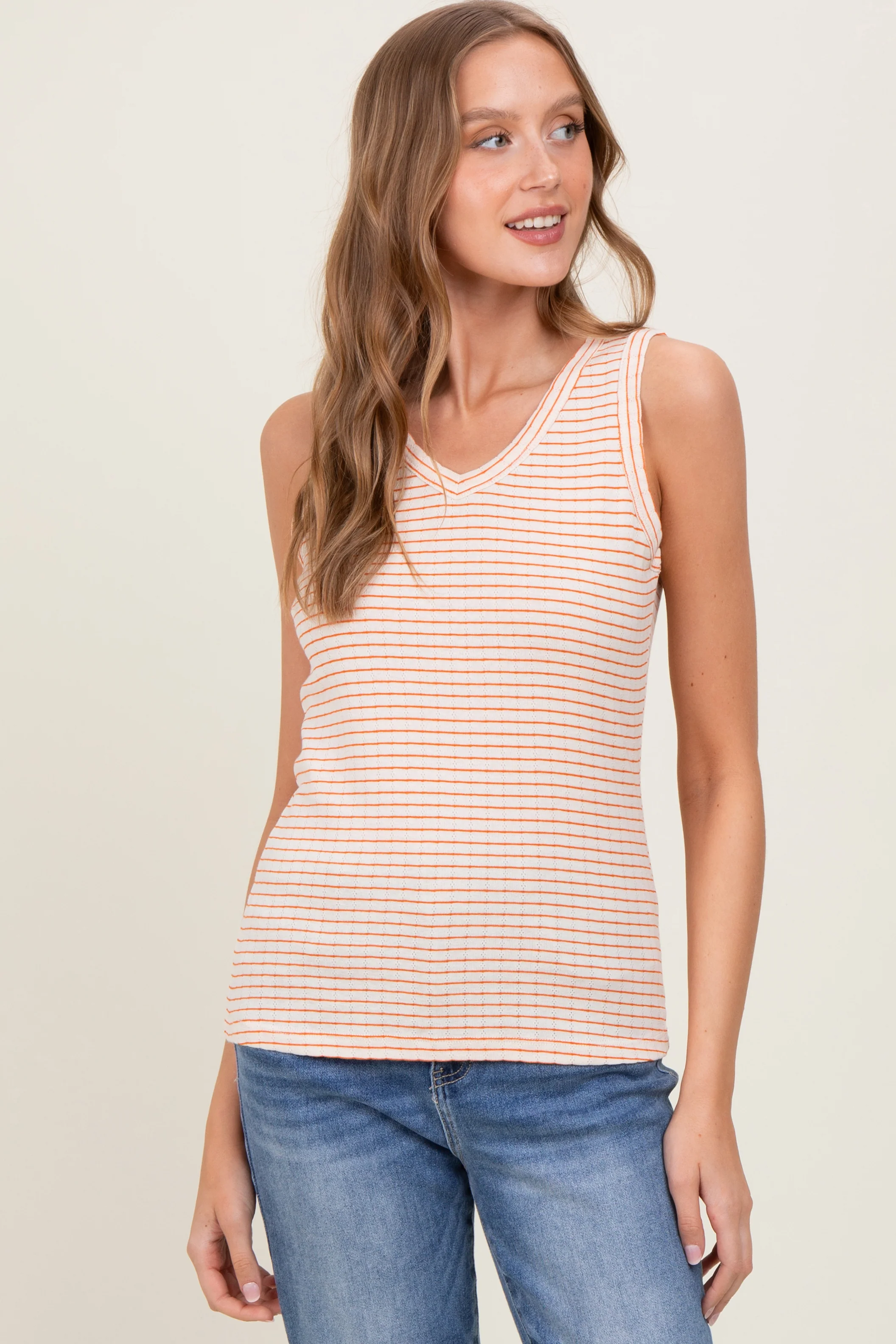 Orange Striped Knit V-Neck Maternity Tank Top - Image 3