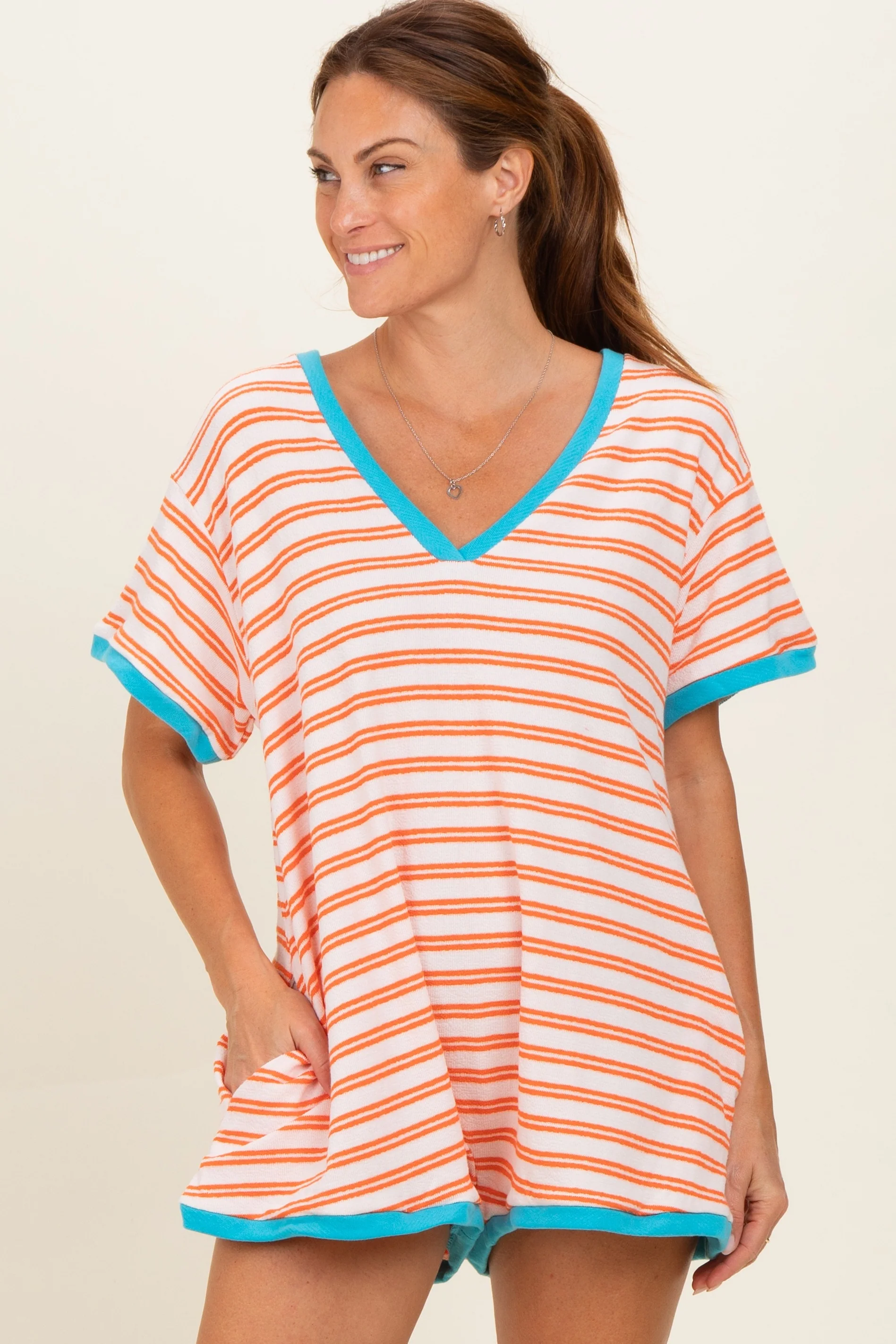 Orange Waffle Knit V-Neck Short Sleeve Maternity Romper - Image 5