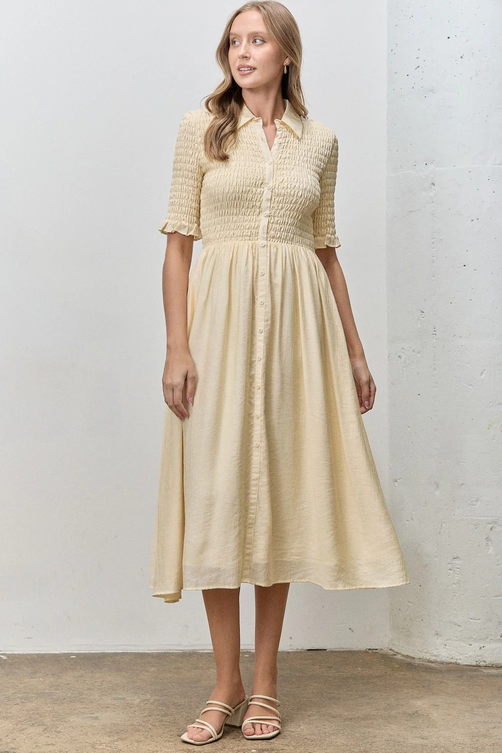 Pale Yellow Smocked Button Down Maternity Midi Dress - Image 4