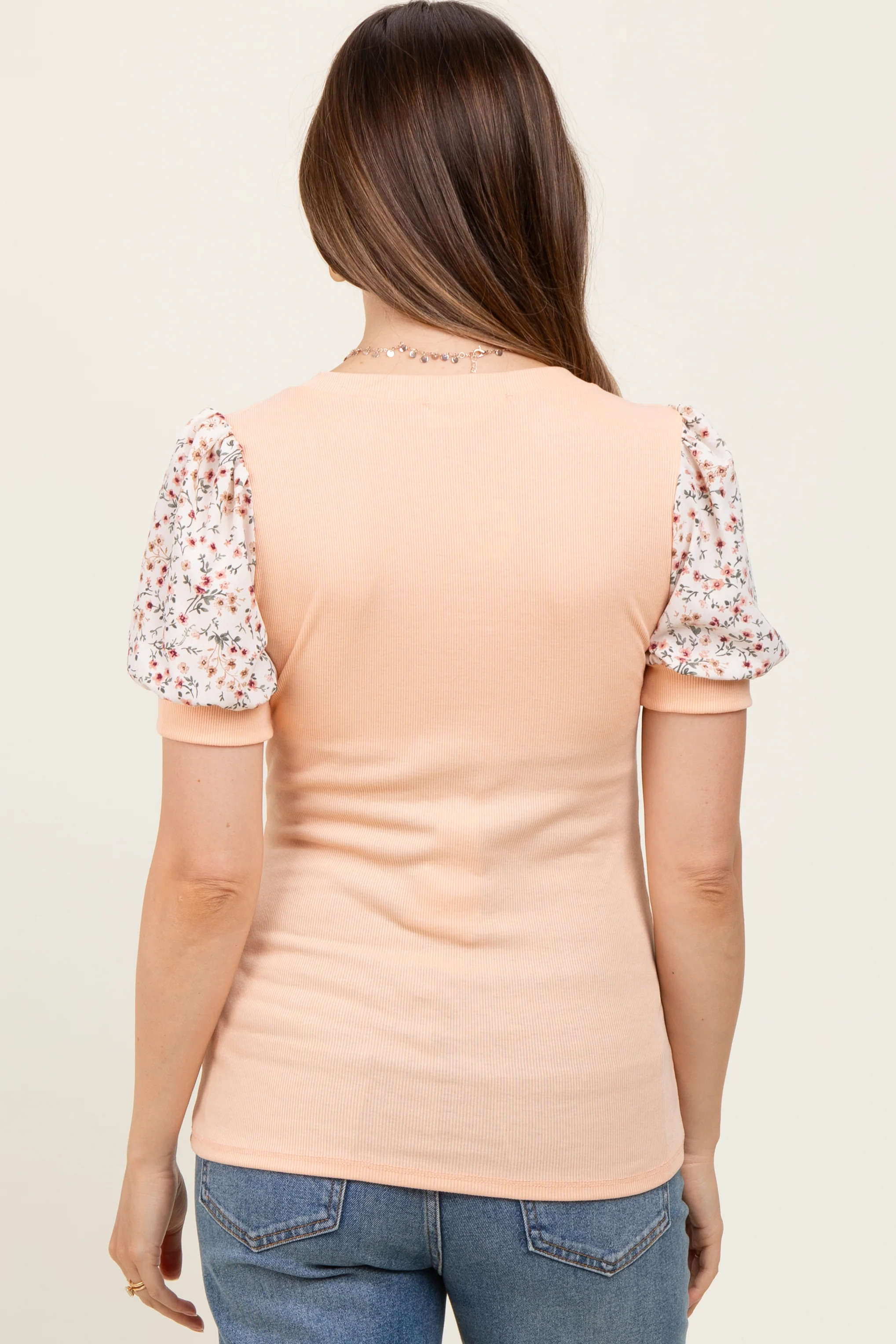 Peach Contrast Floral Puff Sleeve Maternity Top - Image 3
