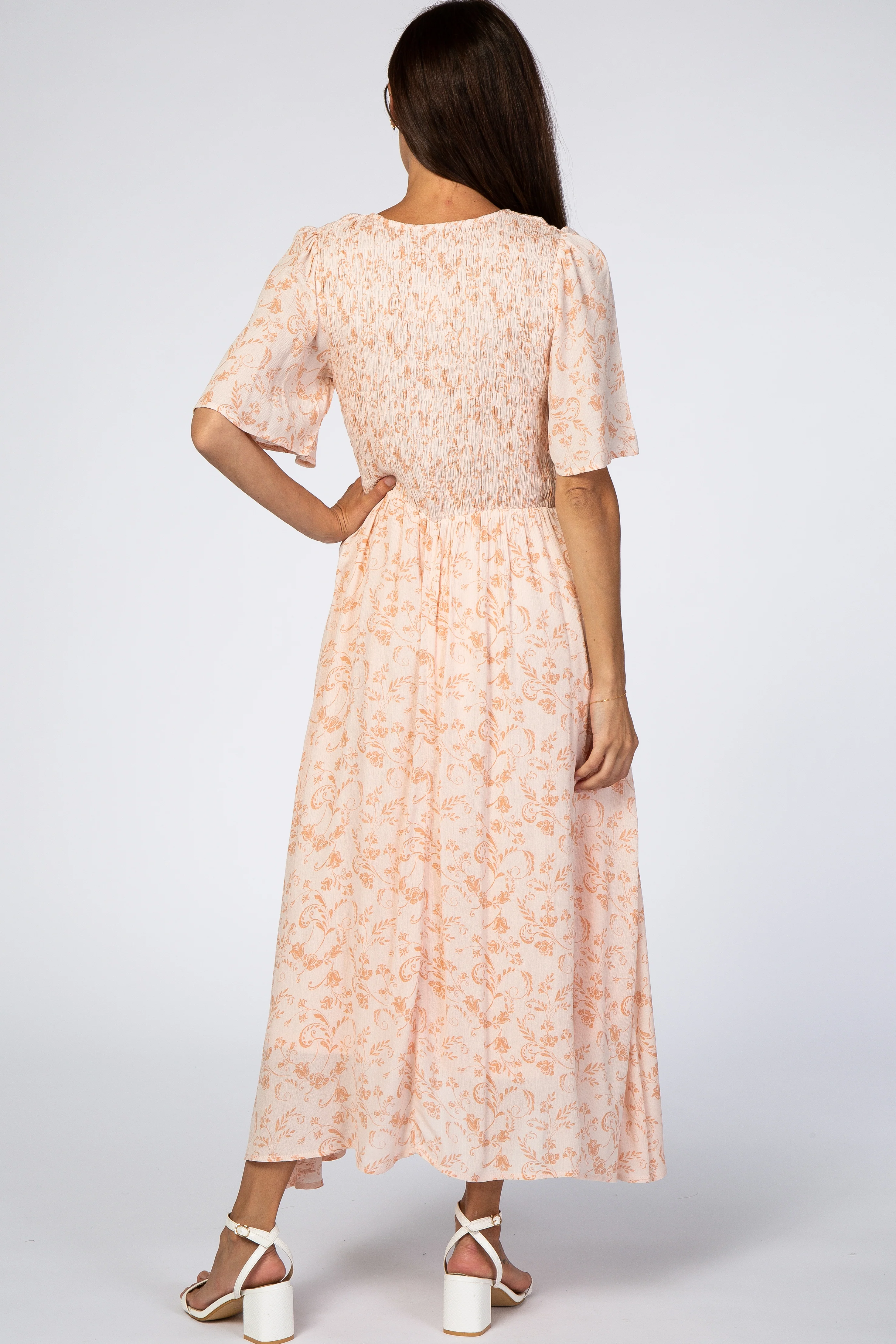 Peach Floral Button Front Smocked Midi Dress - Image 3
