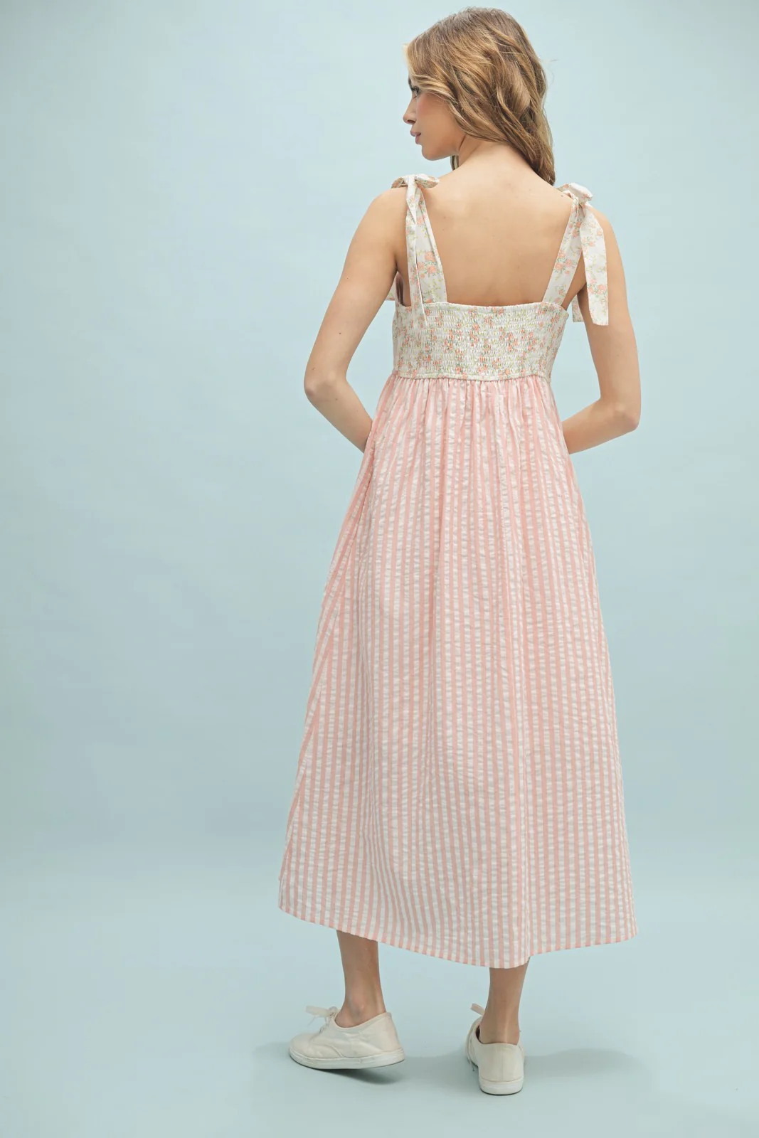 Peach Floral Contrast Stripe Shoulder Tie Midi Dress - Image 4