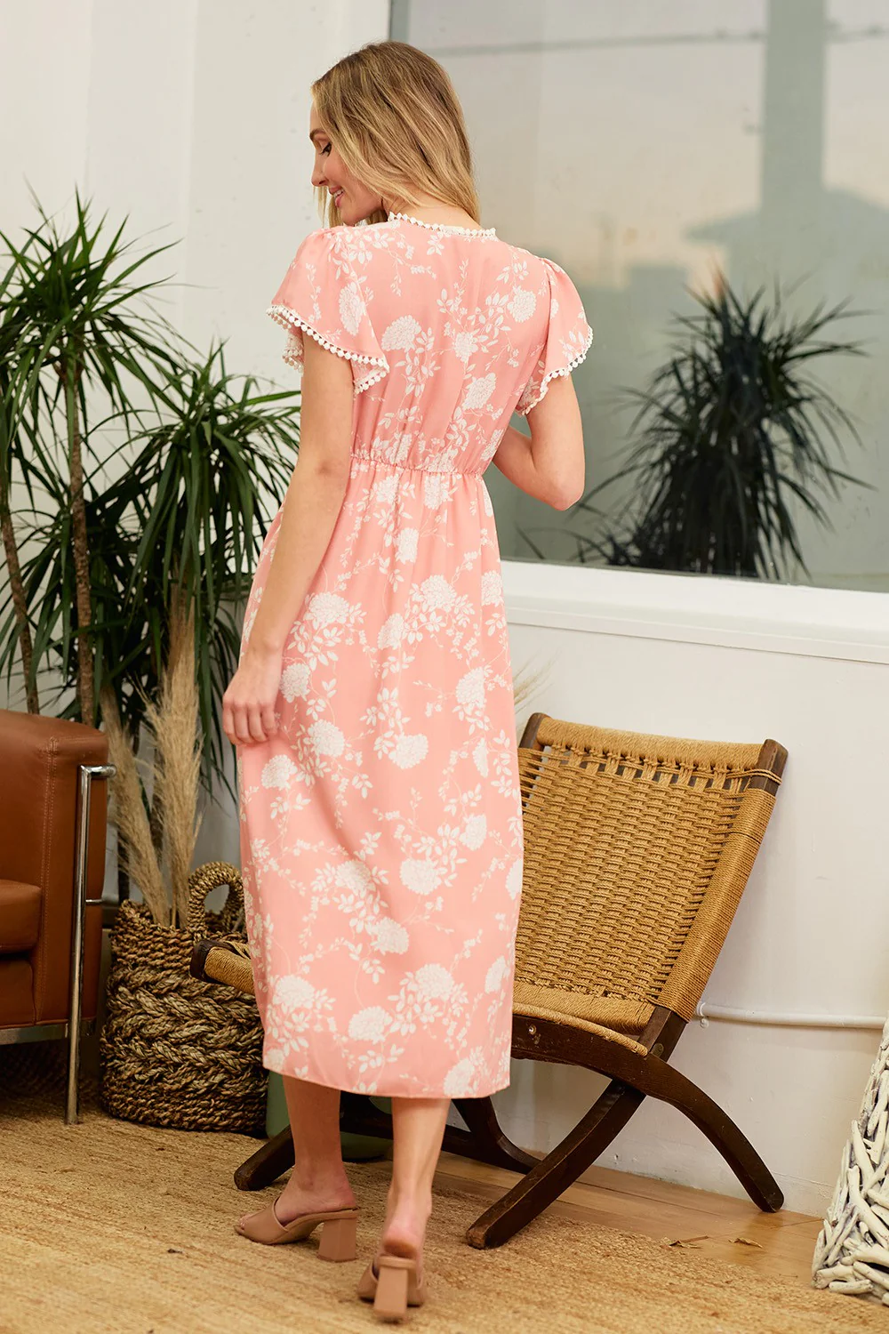 Peach Floral Crochet Trim Midi Dress - Image 5