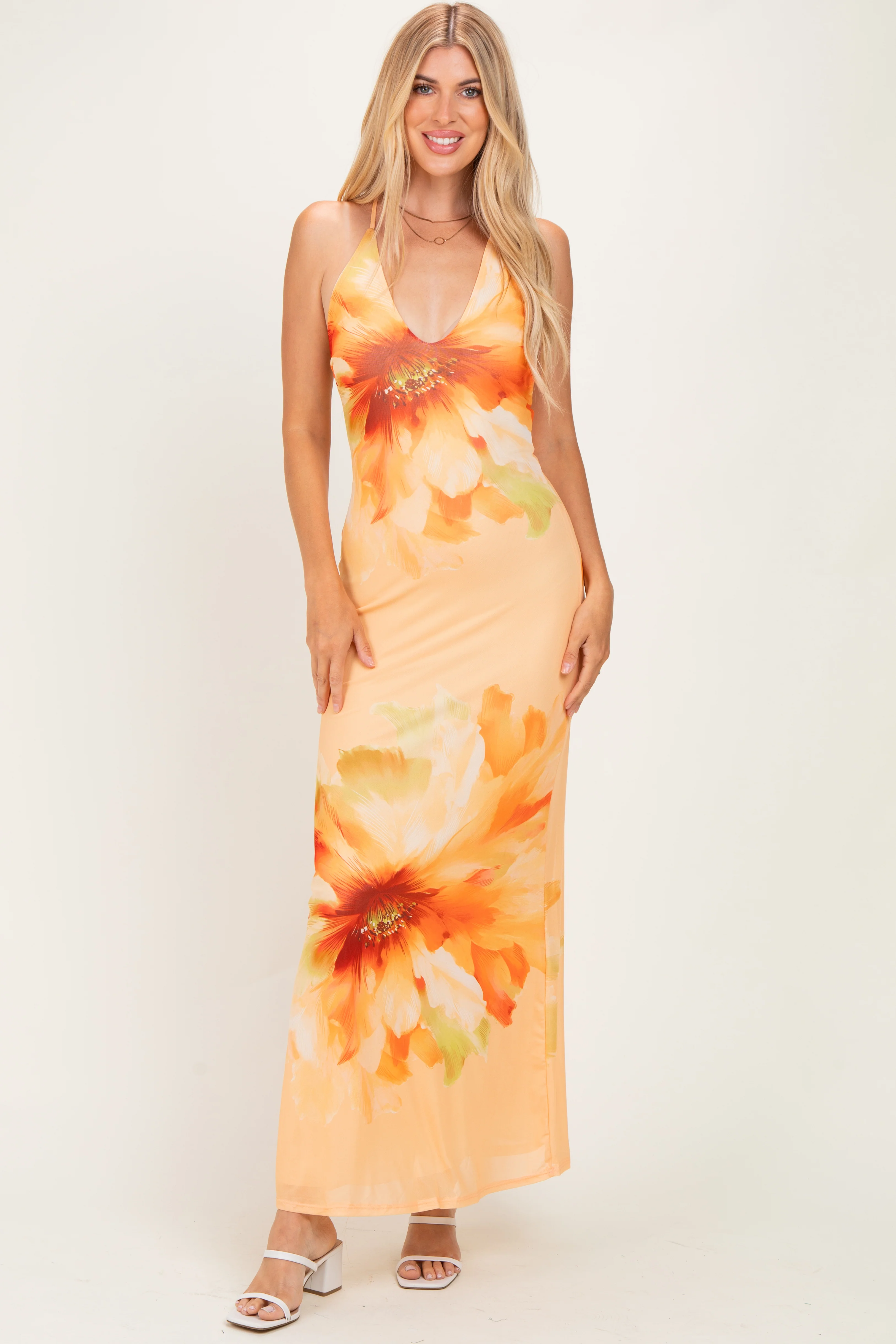 Peach Floral Deep V-Neck Maxi Dress