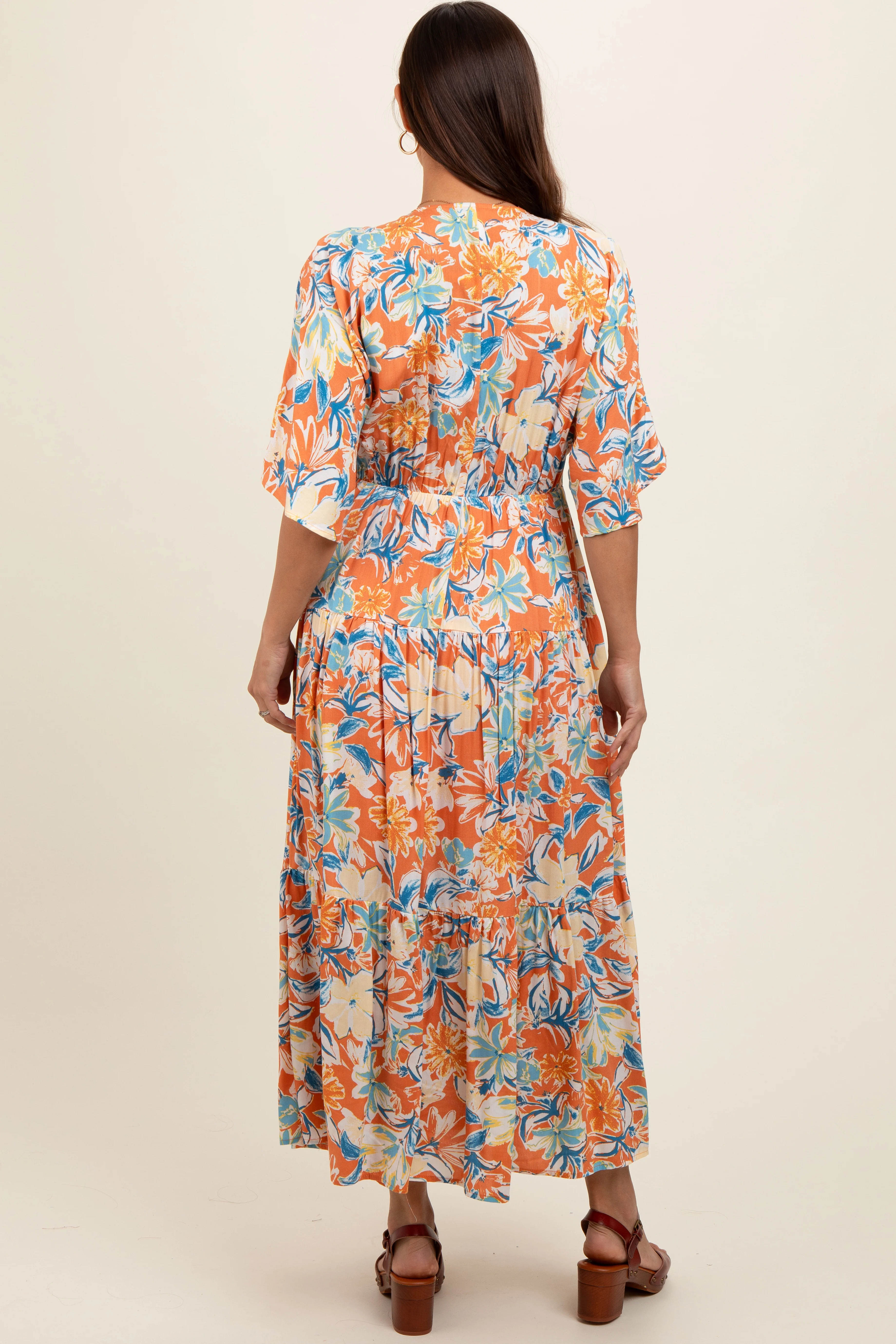 Peach Floral Dolman Sleeve Tiered Maternity Dress - Image 4