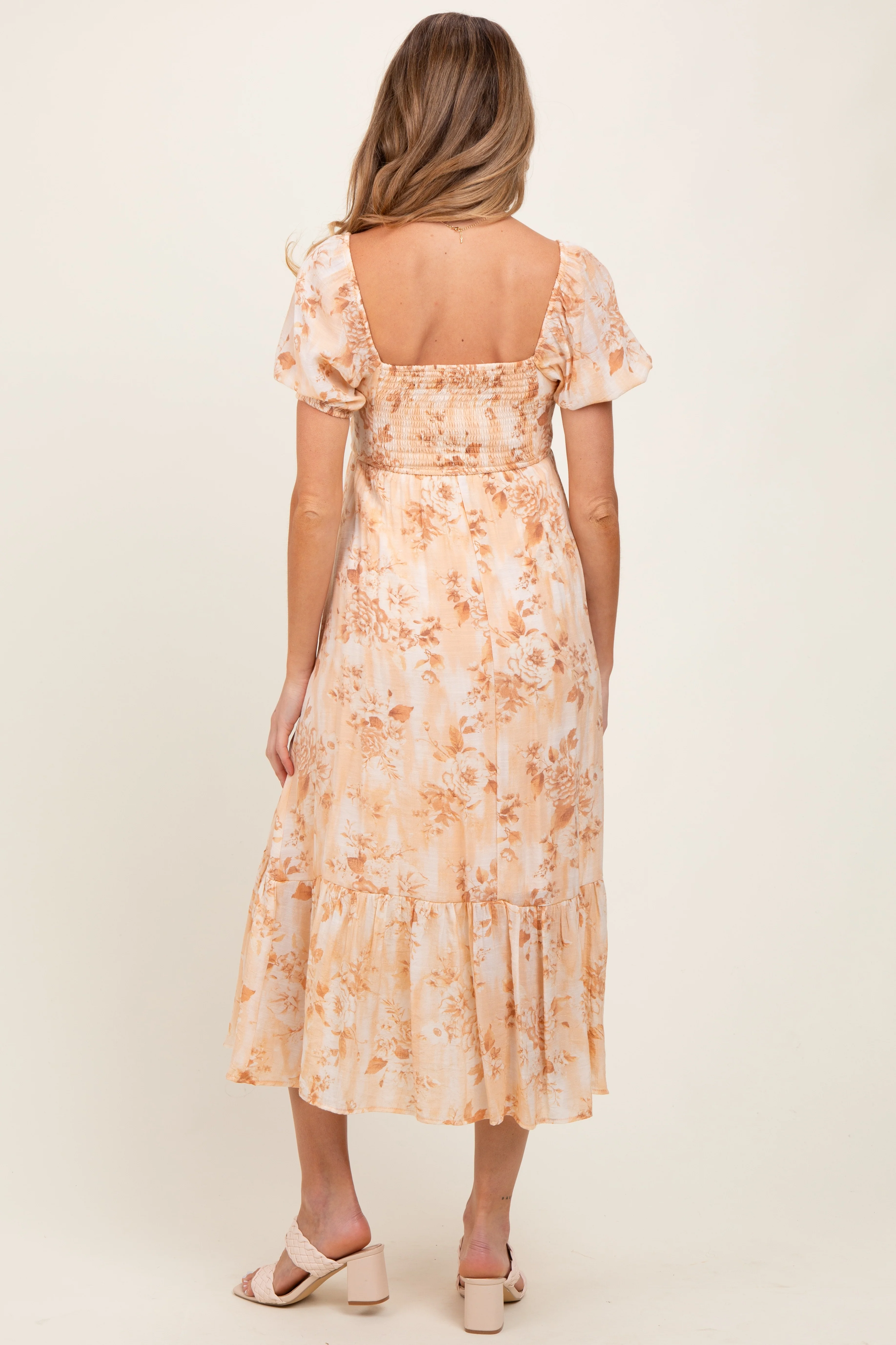 Peach Floral Pleated Bust Puff Sleeve Maternity Midi Dress - Image 3