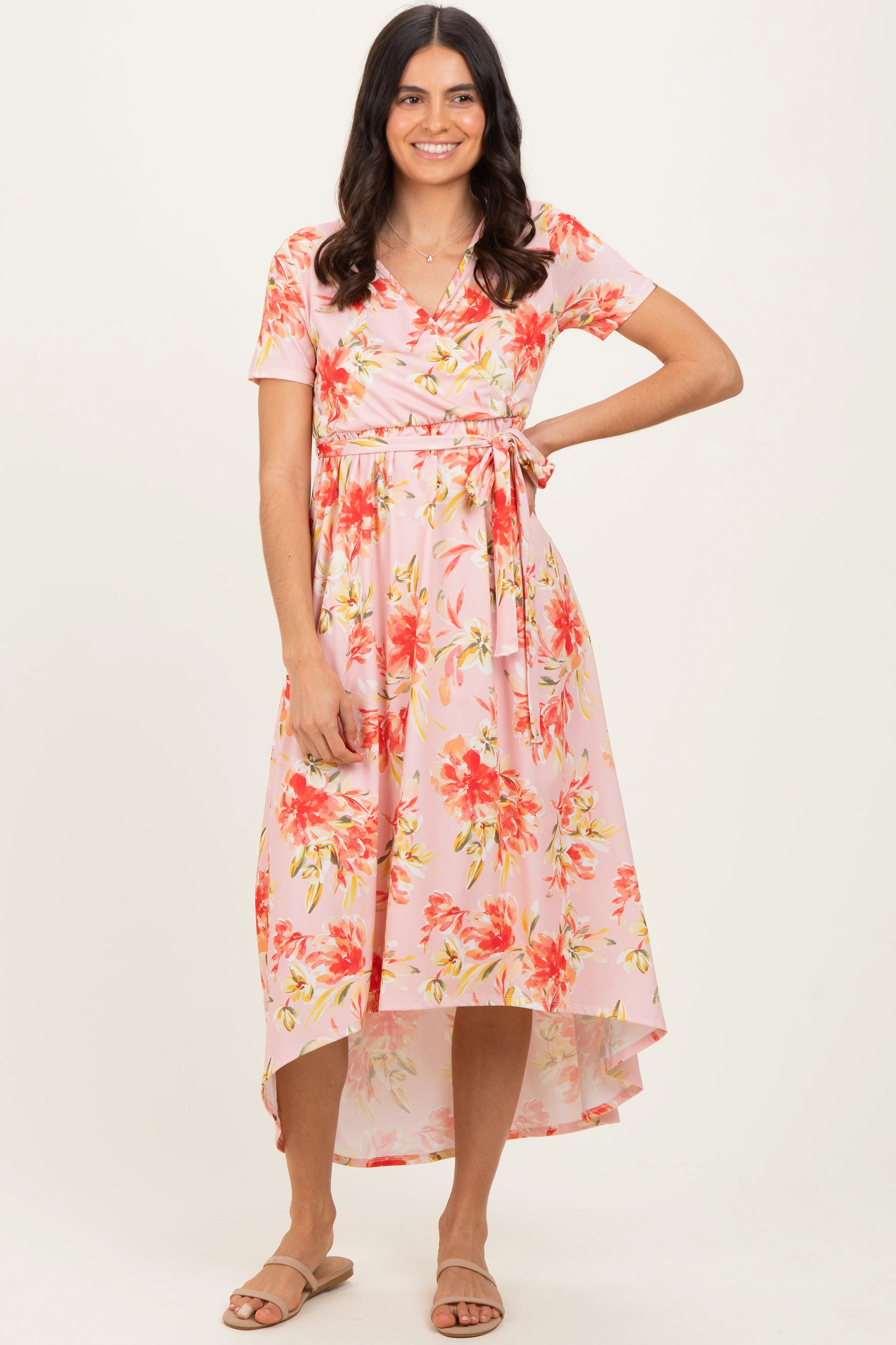 Peach Floral Print Short Sleeve Hi-Low Maternity Wrap Dress - Image 5