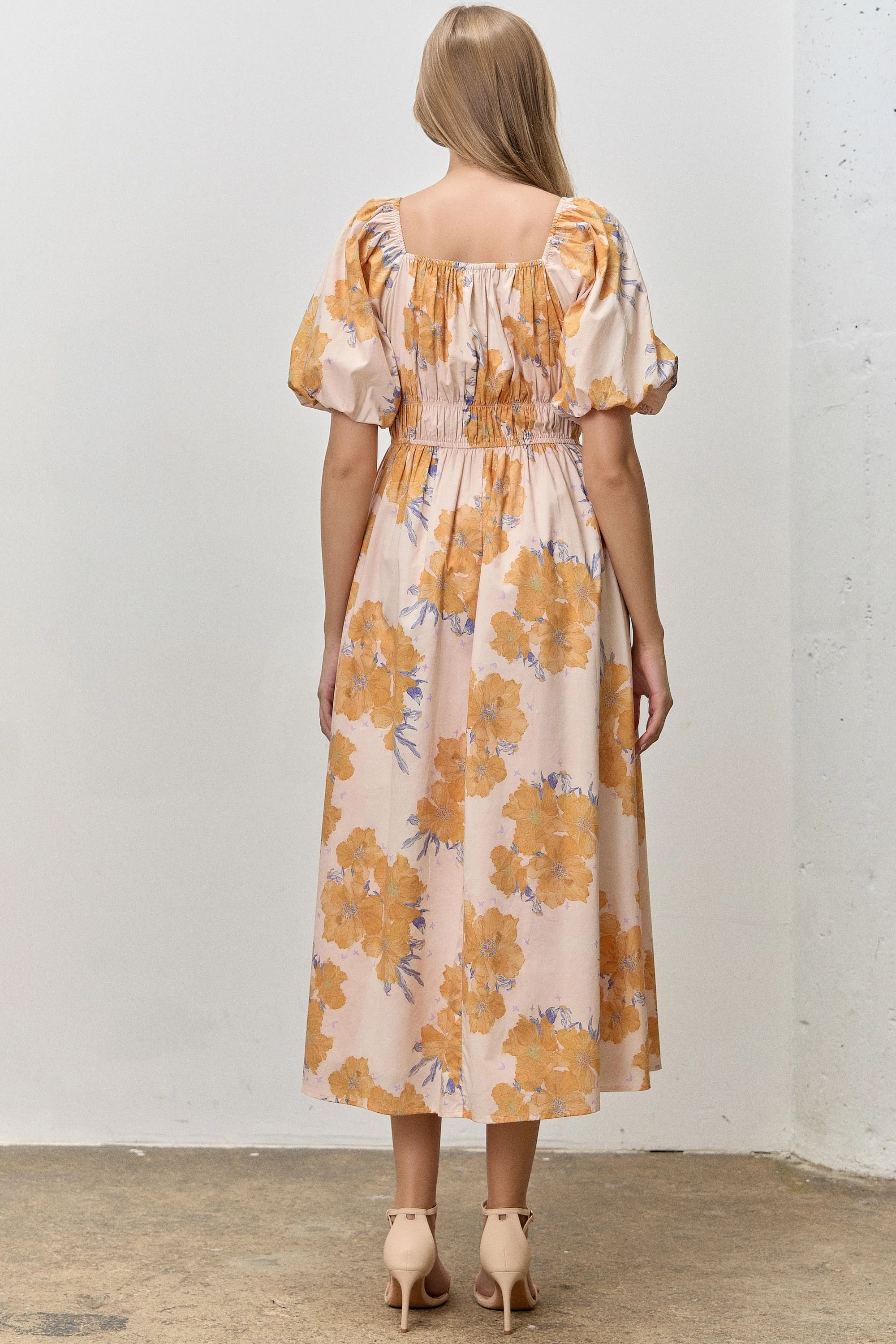 Peach Floral Print Square Neck Bubble Sleeve Midi Dress - Image 3