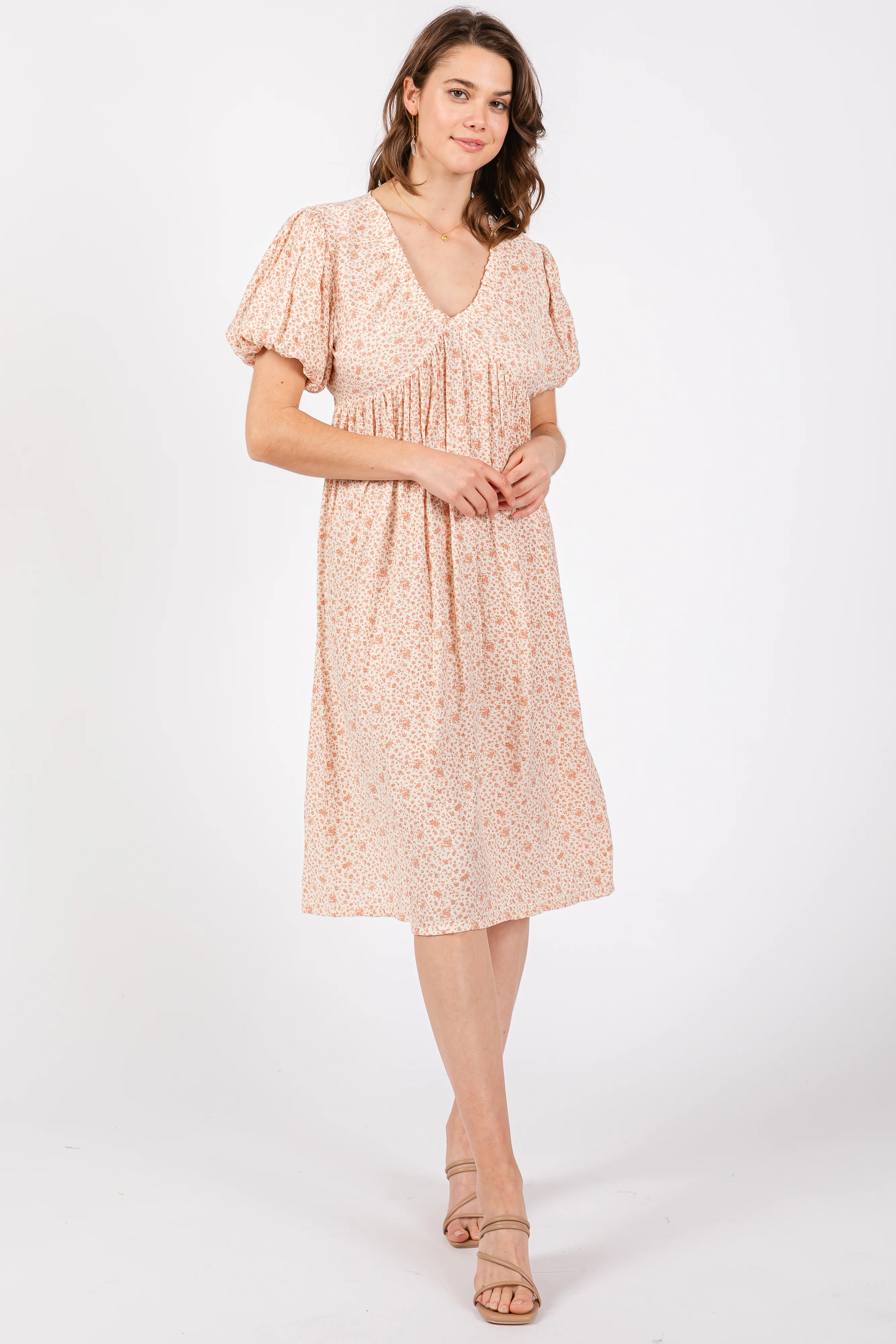 Peach Floral Puff Sleeve Maternity Midi Dress - Image 4