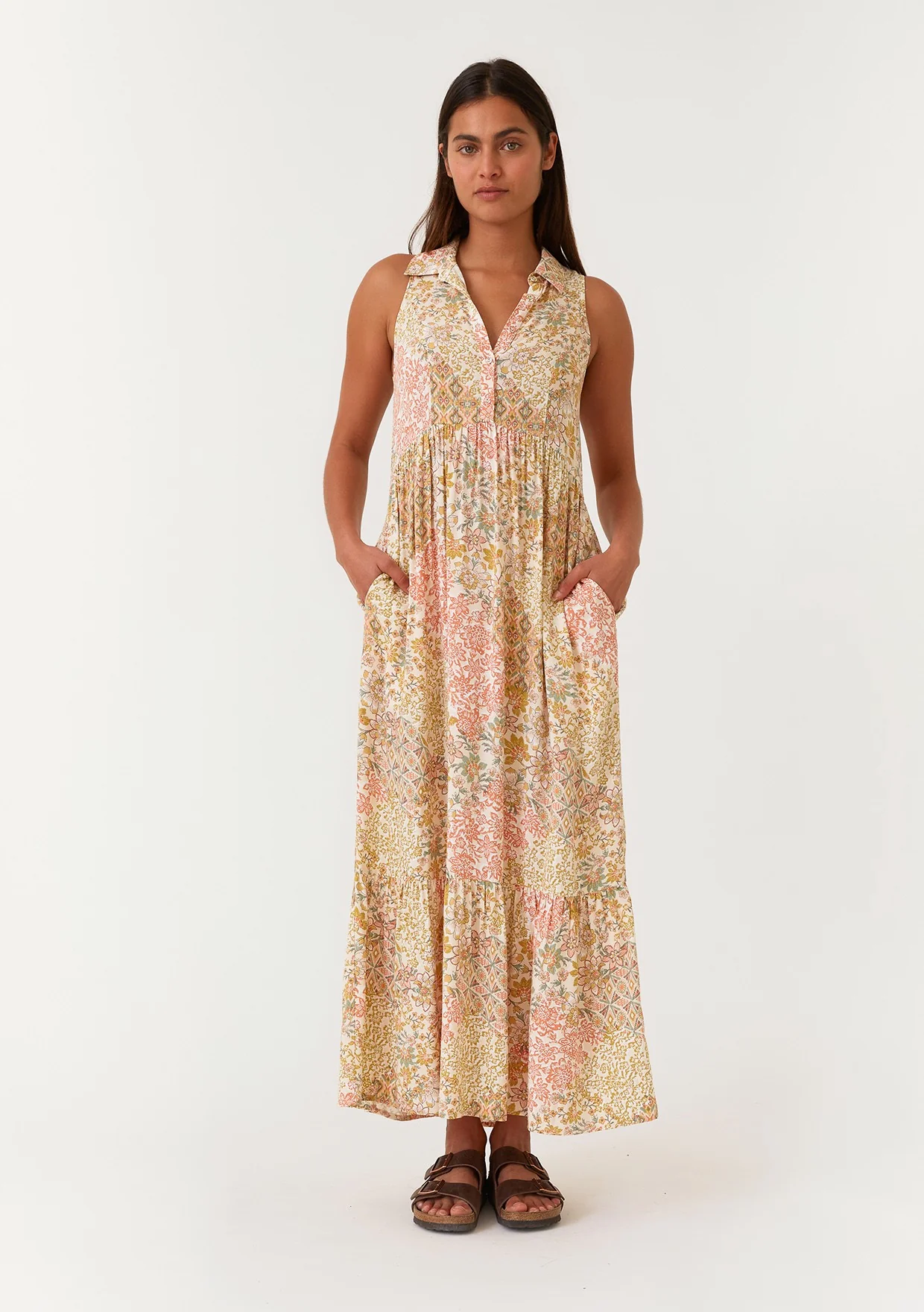 Peach Floral Sleeveless Button Tiered Collared Maternity Maxi Dress - Image 5