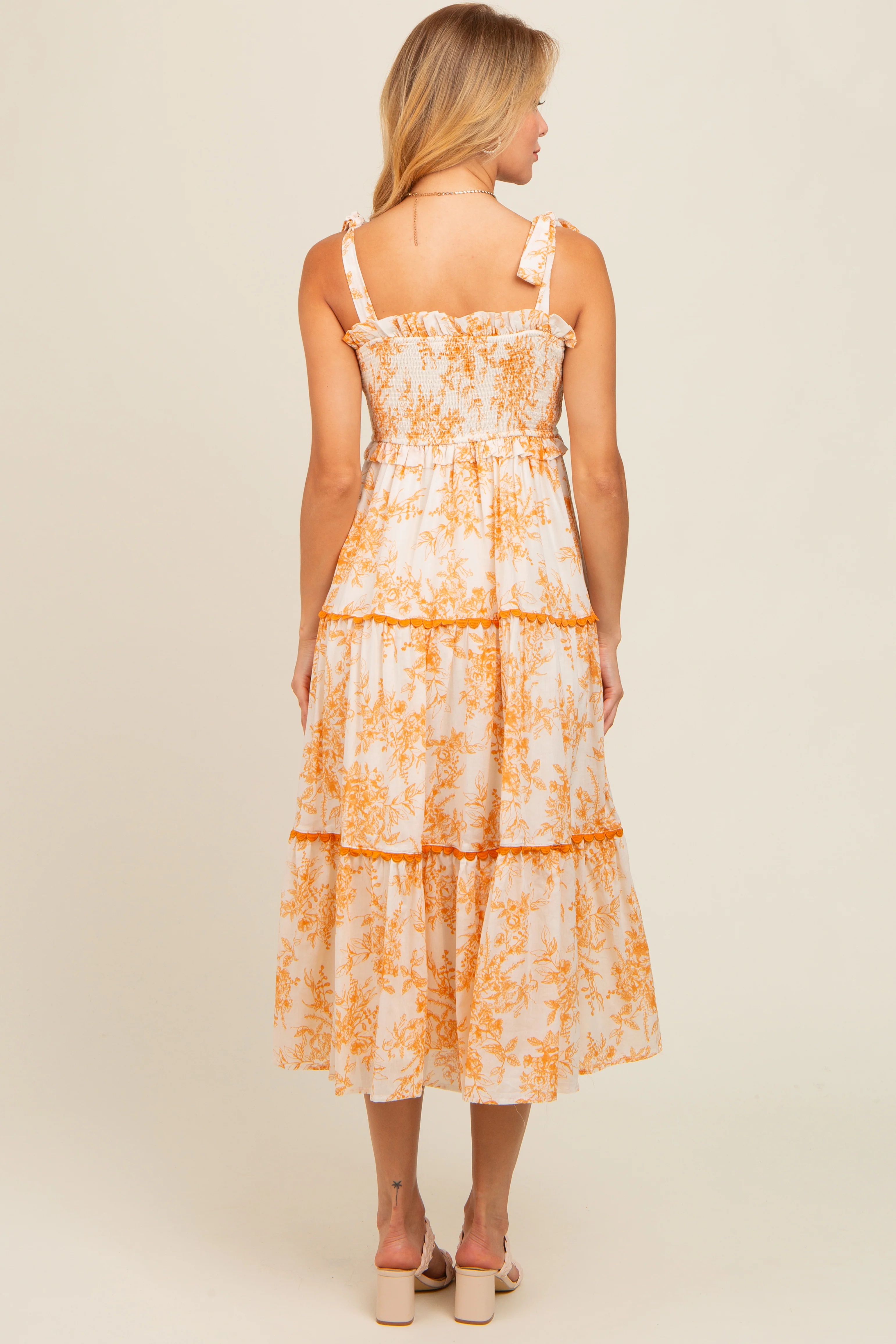 Peach Floral Sleeveless Ruffle Tiered Midi Dress - Image 3