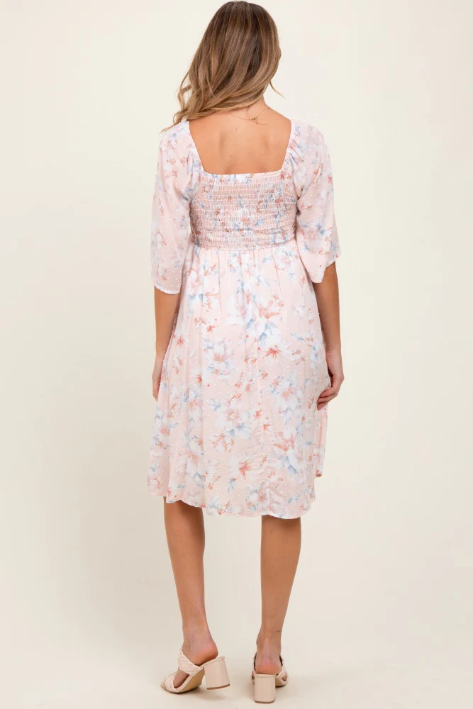 Peach Floral Smocked Maternity Midi Dress - Image 3