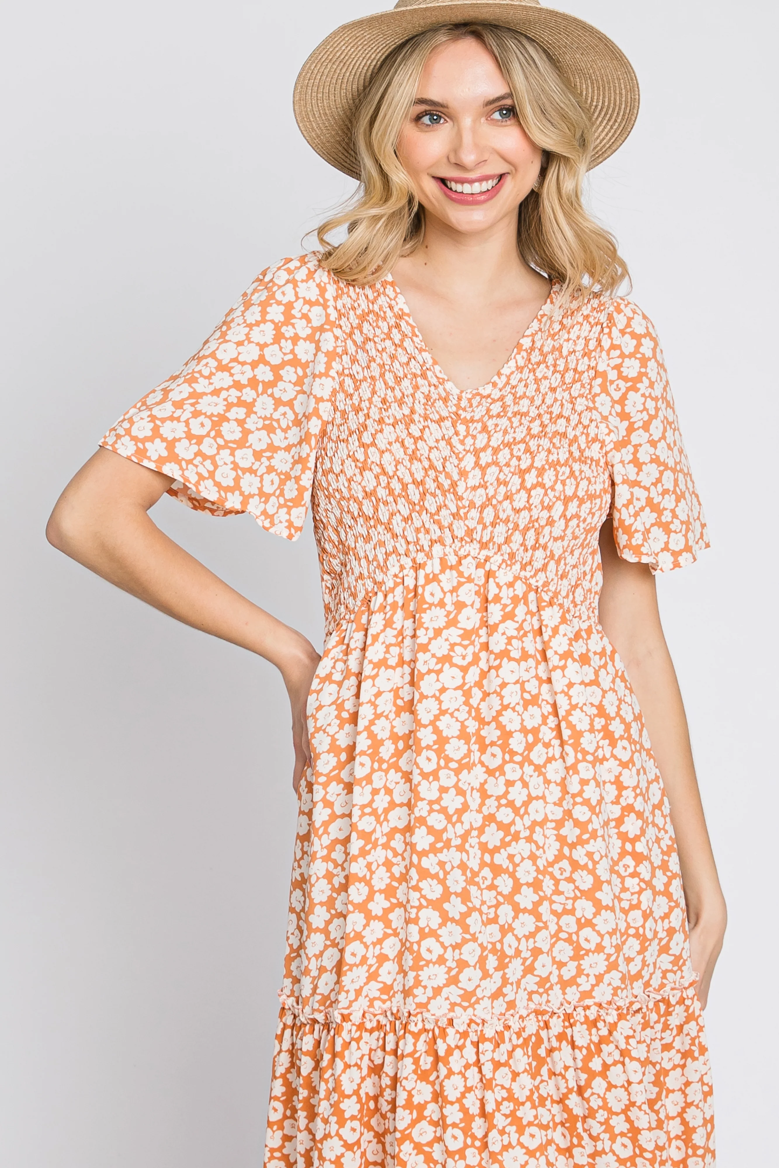 Peach Floral Tiered Midi Dress - Image 10