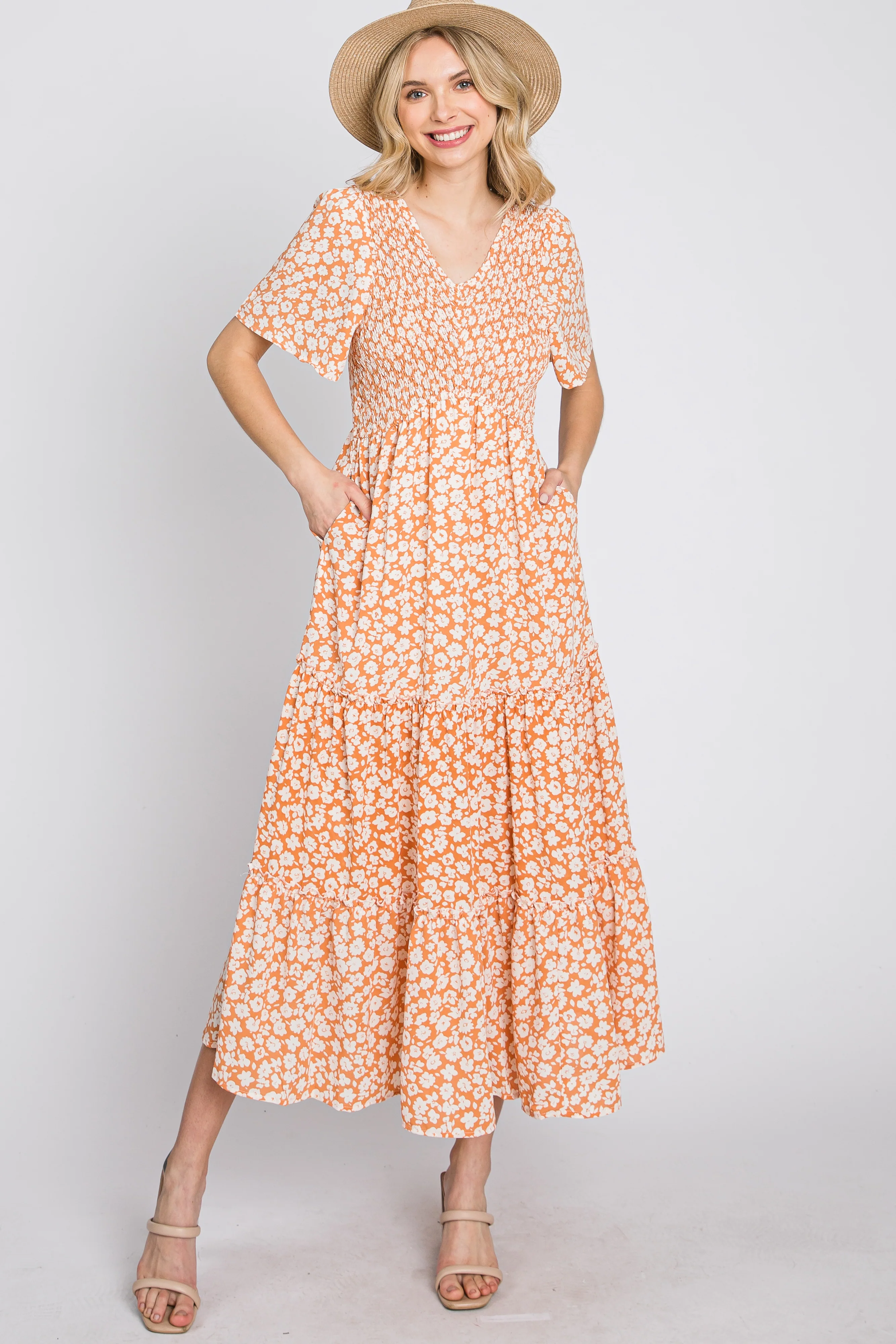 Peach Floral Tiered Midi Dress - Image 9