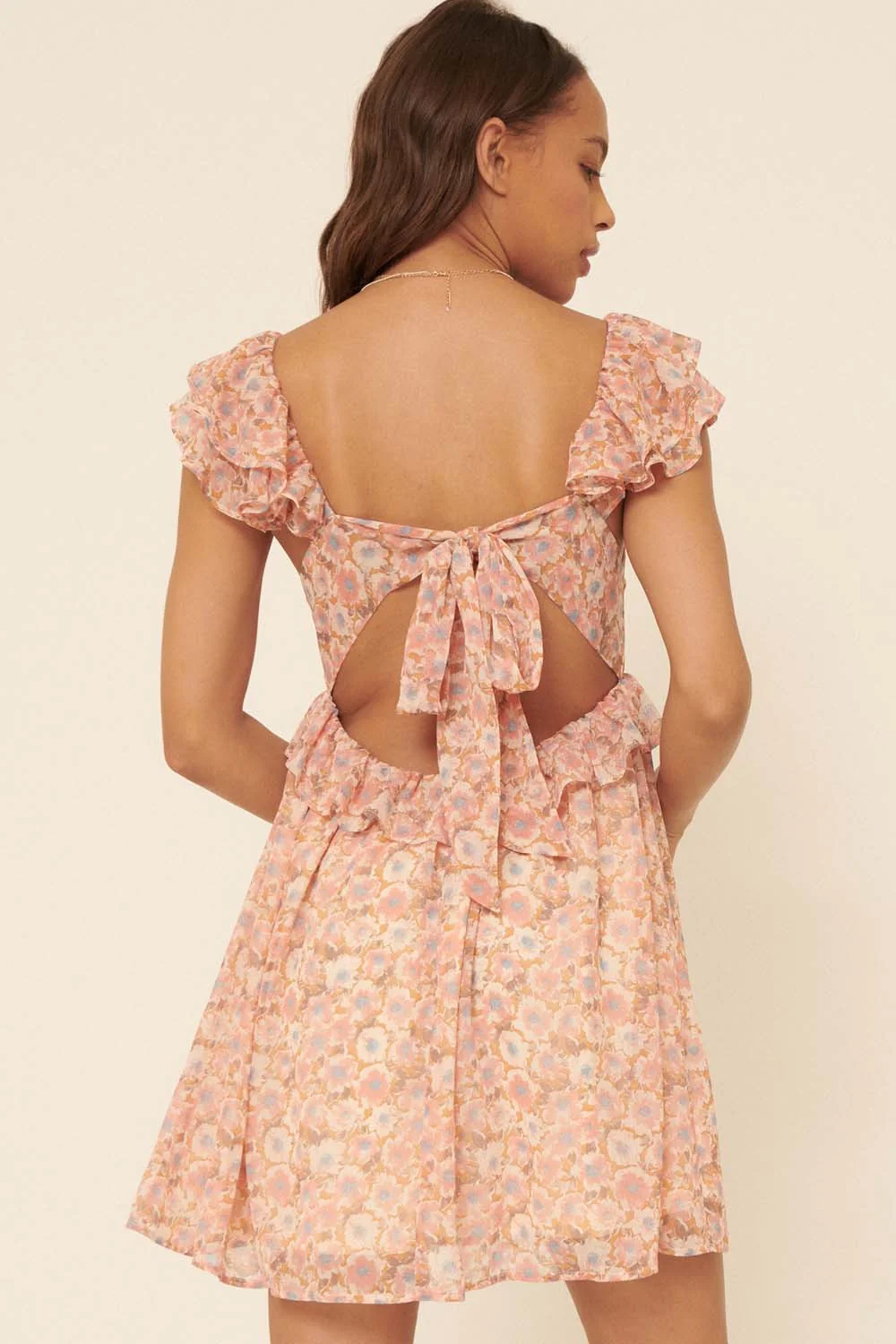 Peach Floral Wide Deep V Ruffle Flounce Mini Dress - Image 4