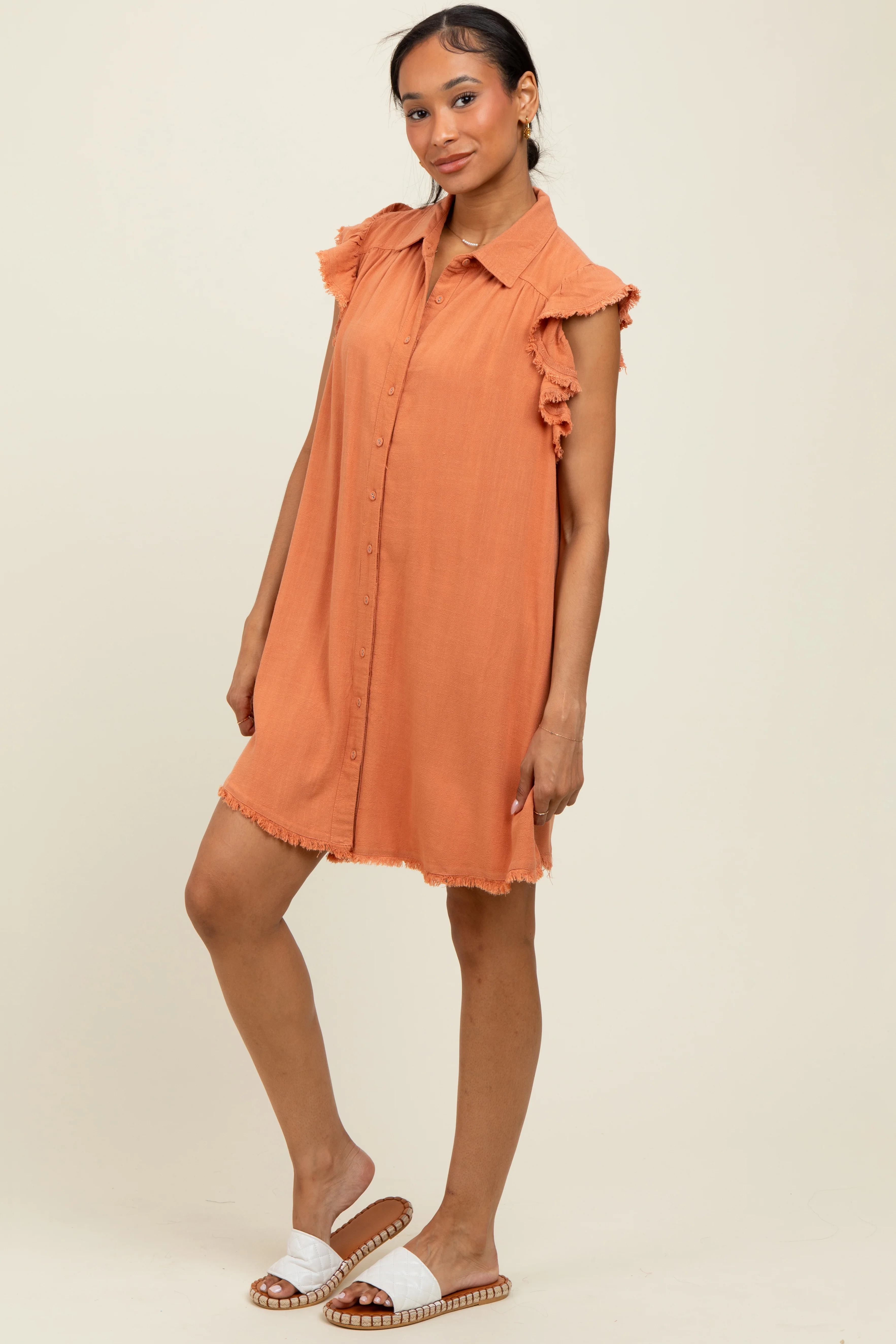 Peach Fringe Detail Ruffle Sleeve Shirt Dress - Image 2