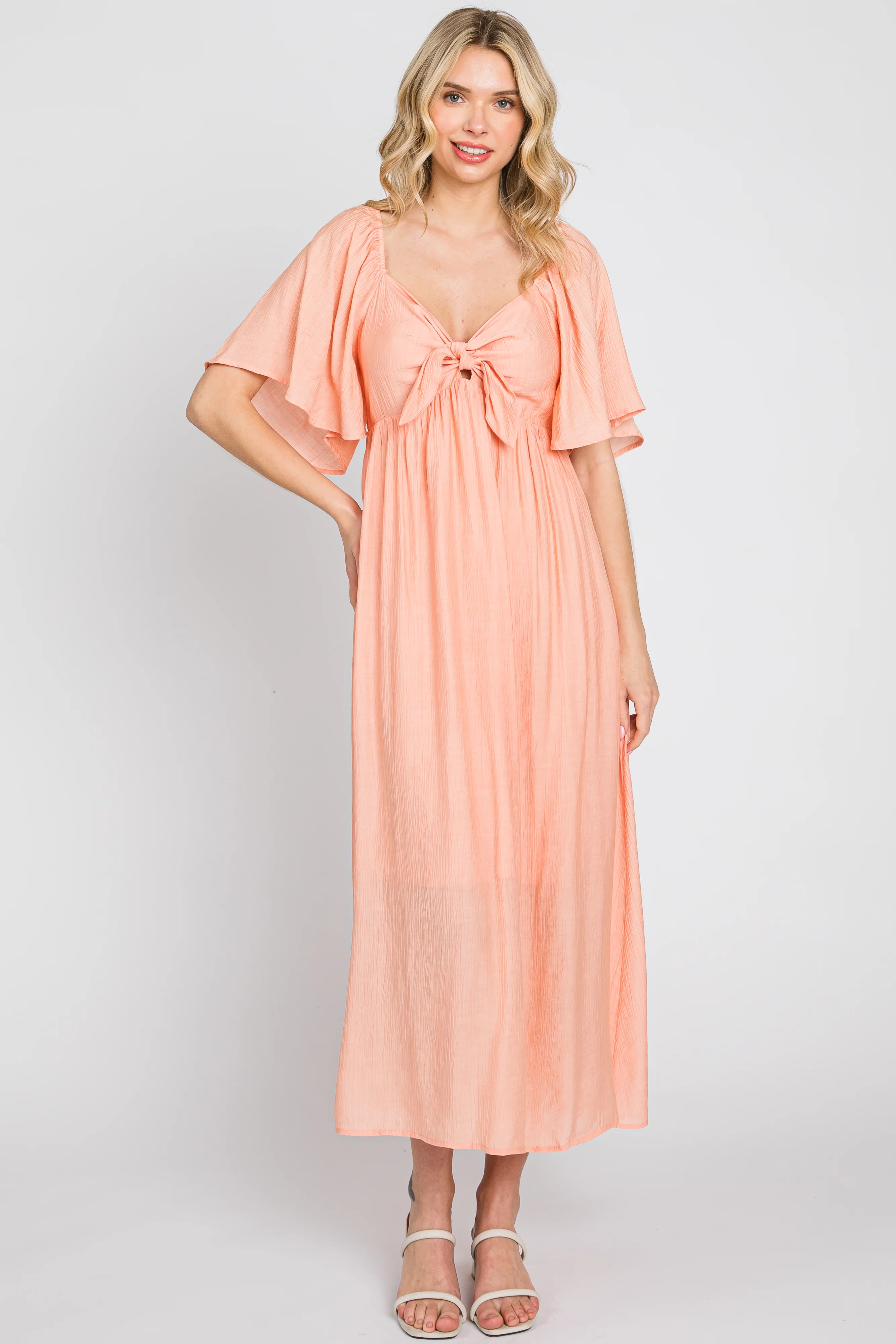 Peach Front Tie Ruffle Sleeve Maternity Midi Dress - Image 7