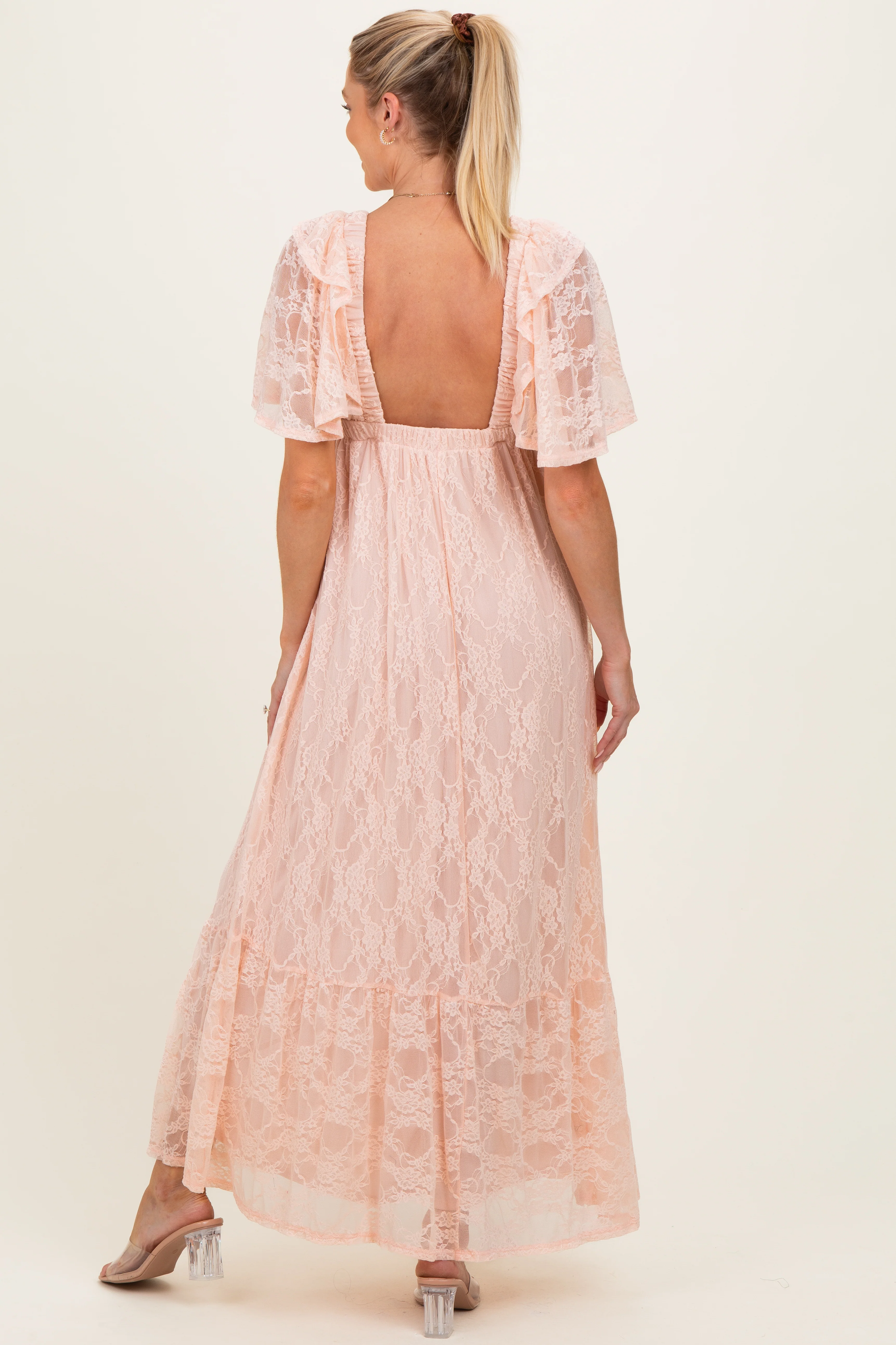 Peach Lace Flutter Sleeve Tiered Maternity Maxi Dress - Image 3