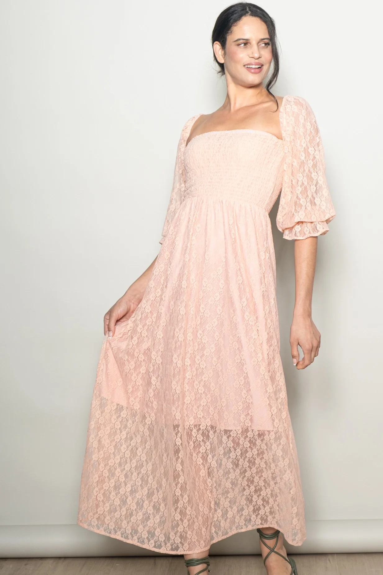 Peach Lace Overlay Smocked Maxi Dress - Image 2