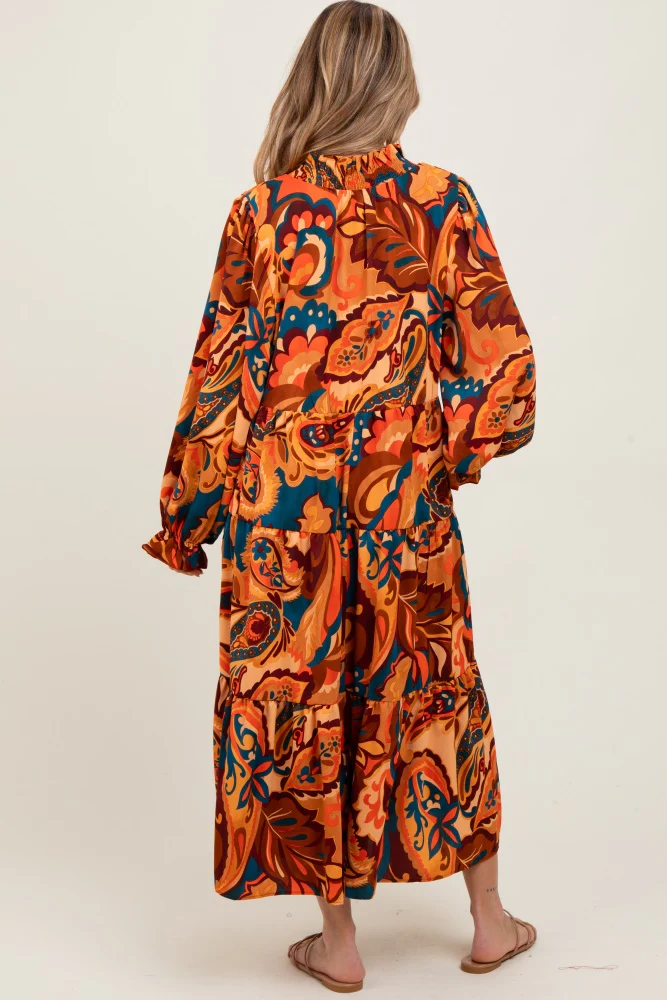 Peach Paisley V-Neck Long Sleeve Tiered Maternity Maxi Dress - Image 4