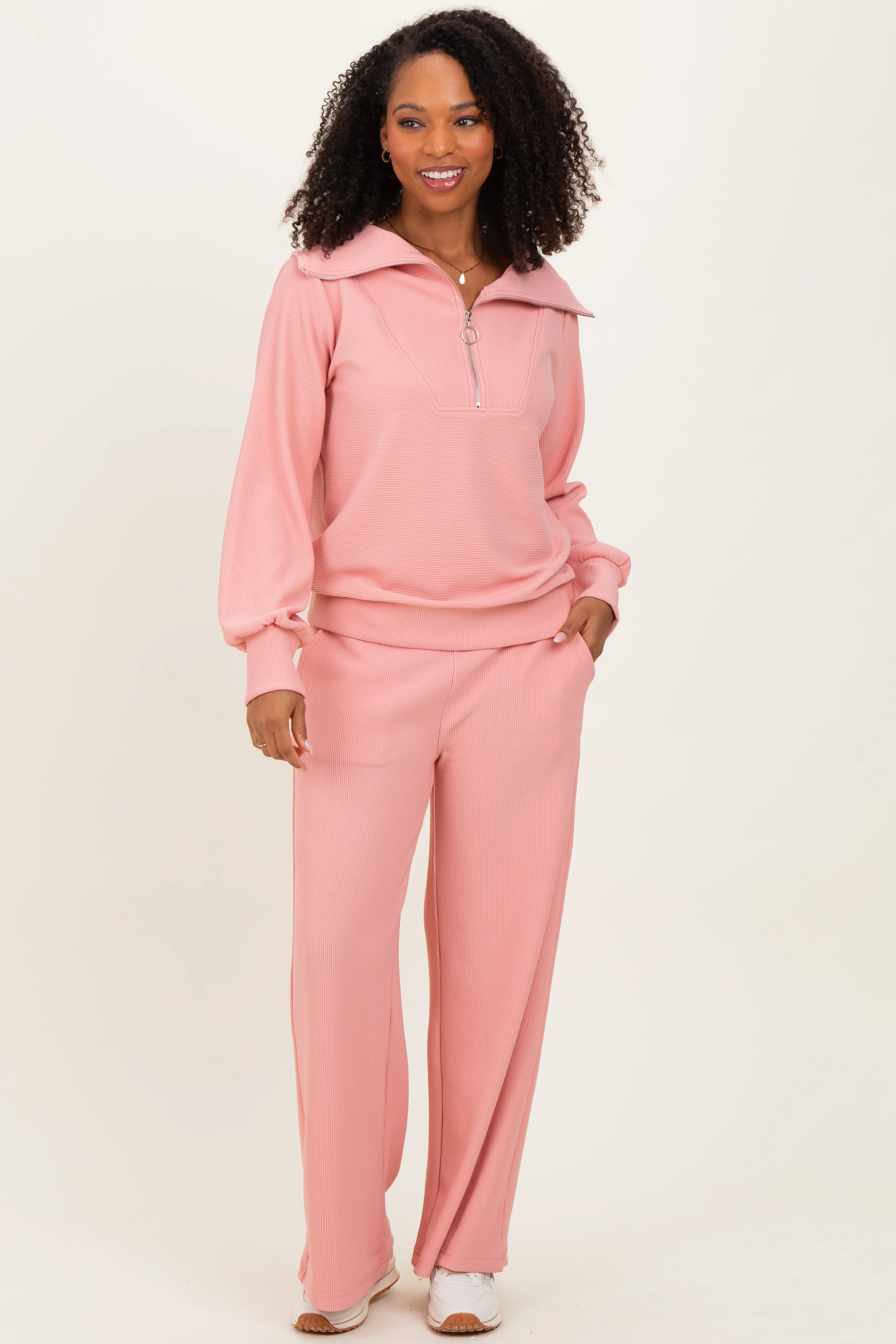 Peach Ribbed High Neck Half Zip Pullover Pant Set - Image 2