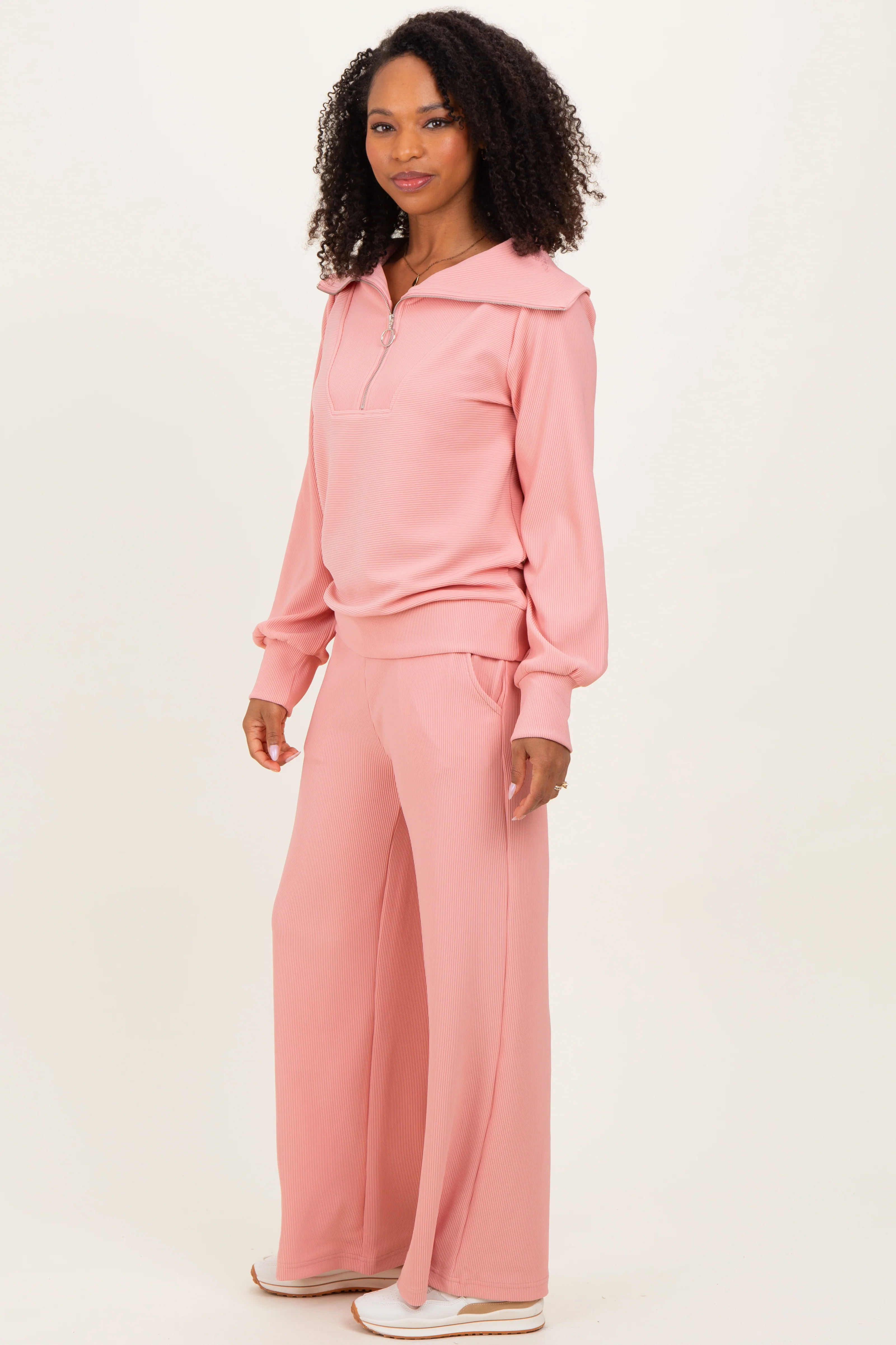 Peach Ribbed High Neck Half Zip Pullover Pant Set - Image 3