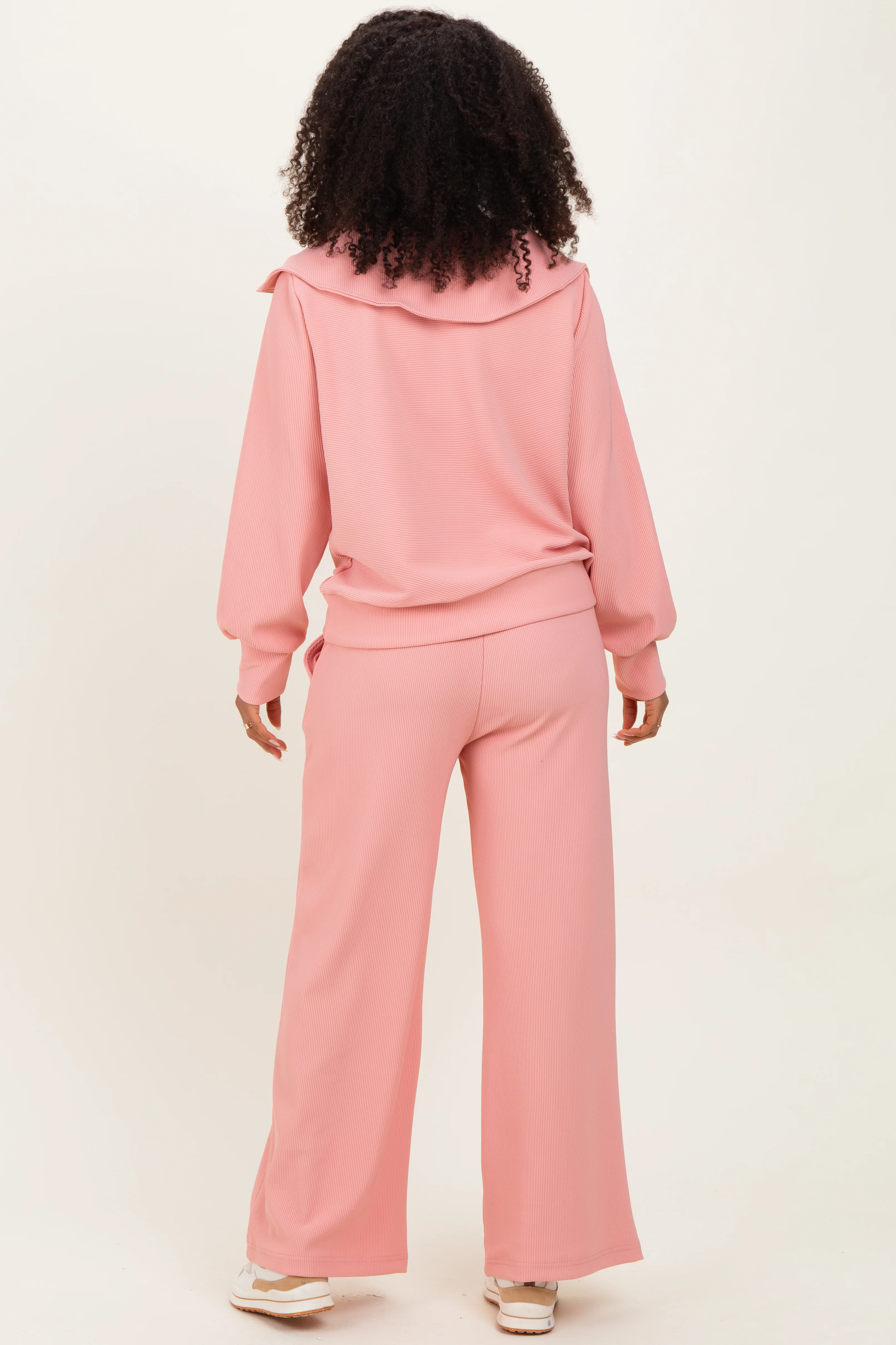 Peach Ribbed High Neck Half Zip Pullover Pant Set - Image 4
