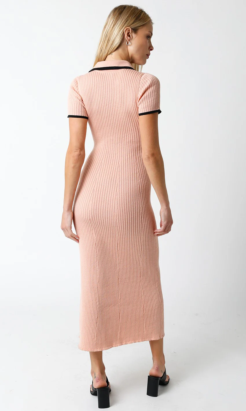 Peach Ribbed Knit Collared Button Front Dress - Image 2