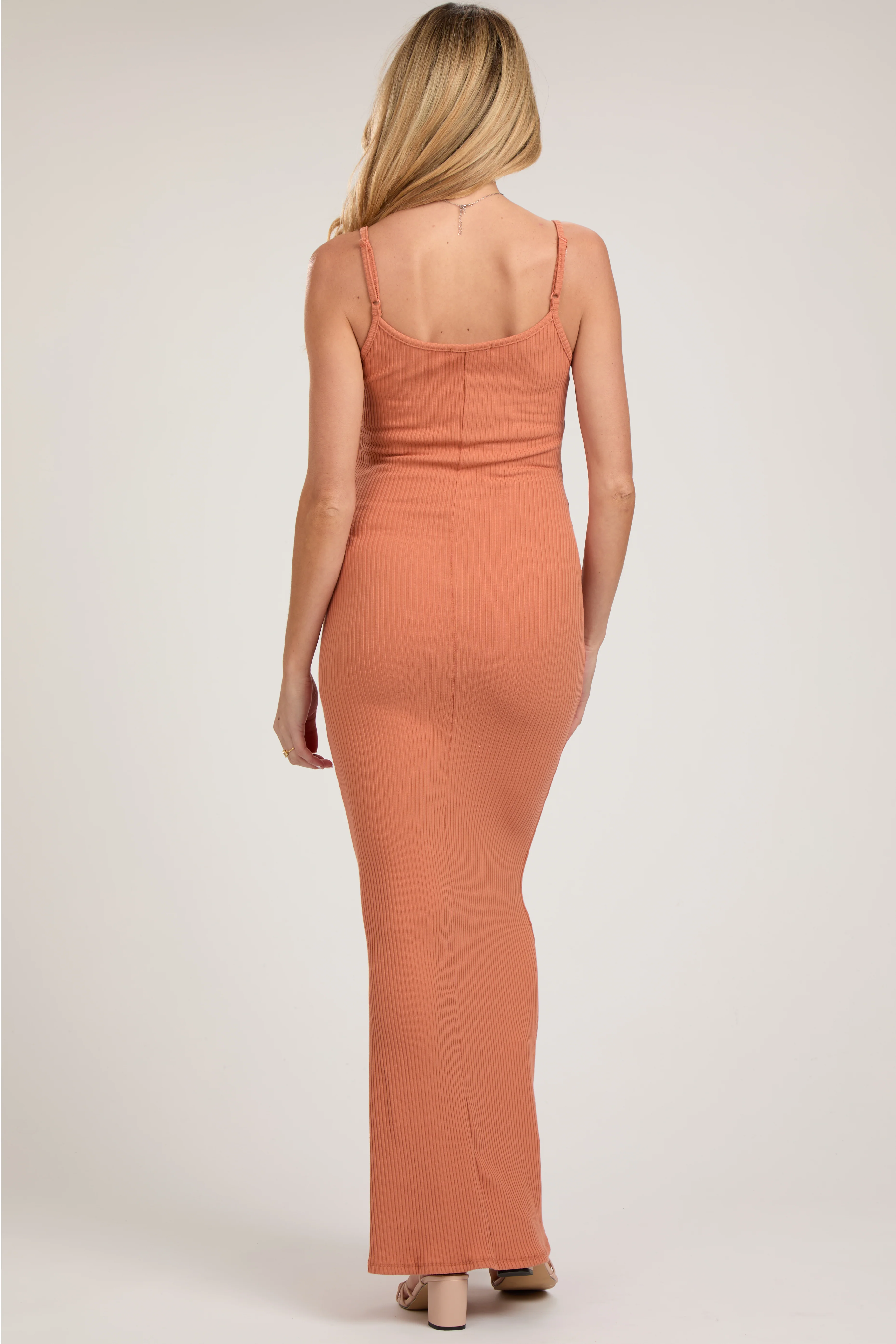 Peach Ribbed Maternity Maxi Dress - Image 3