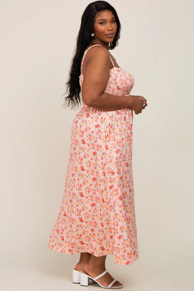 Peach Square Neck Smocked Plus Midi Dress - Image 3