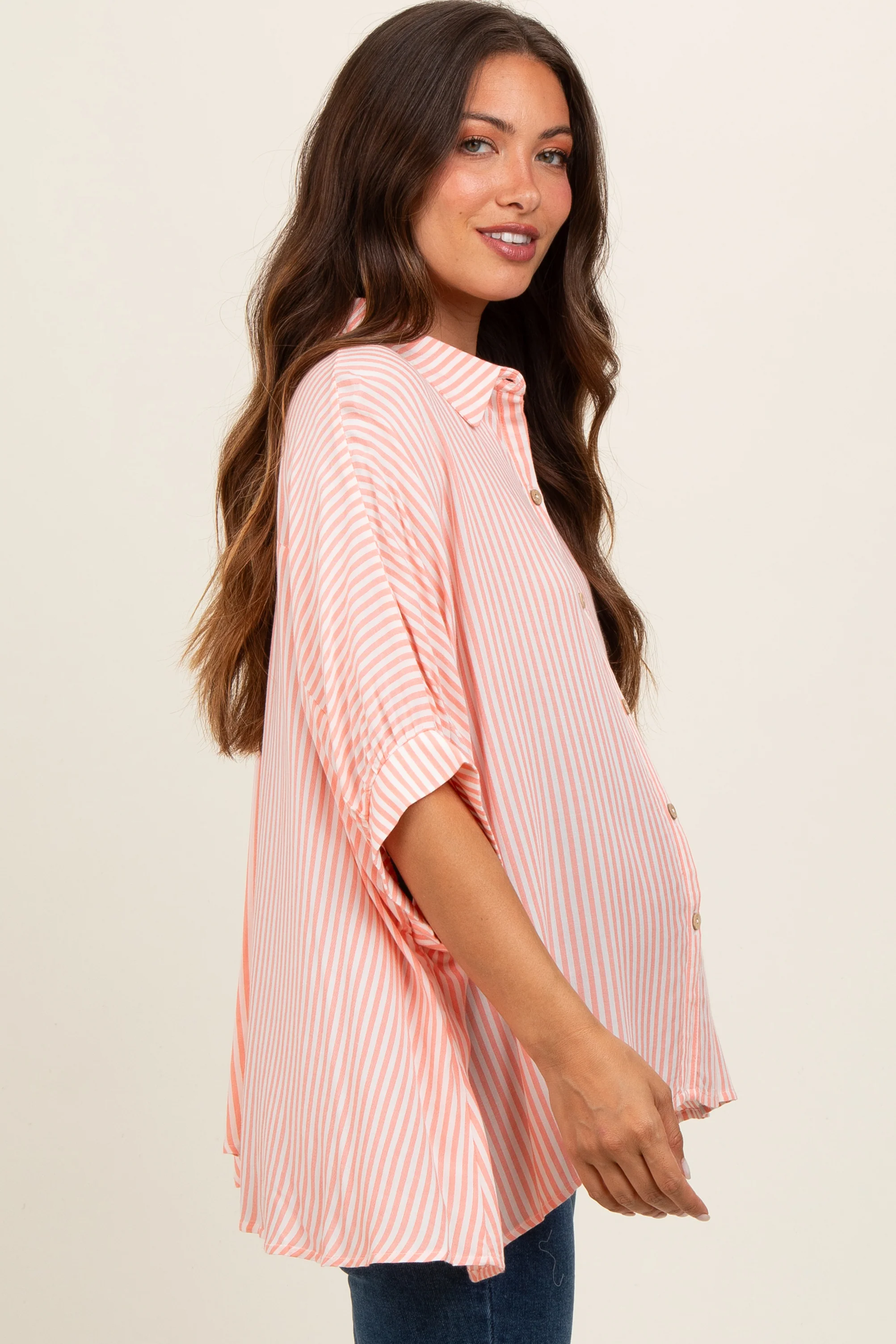 Peach Striped Button Up Dolman Maternity Top - Image 3