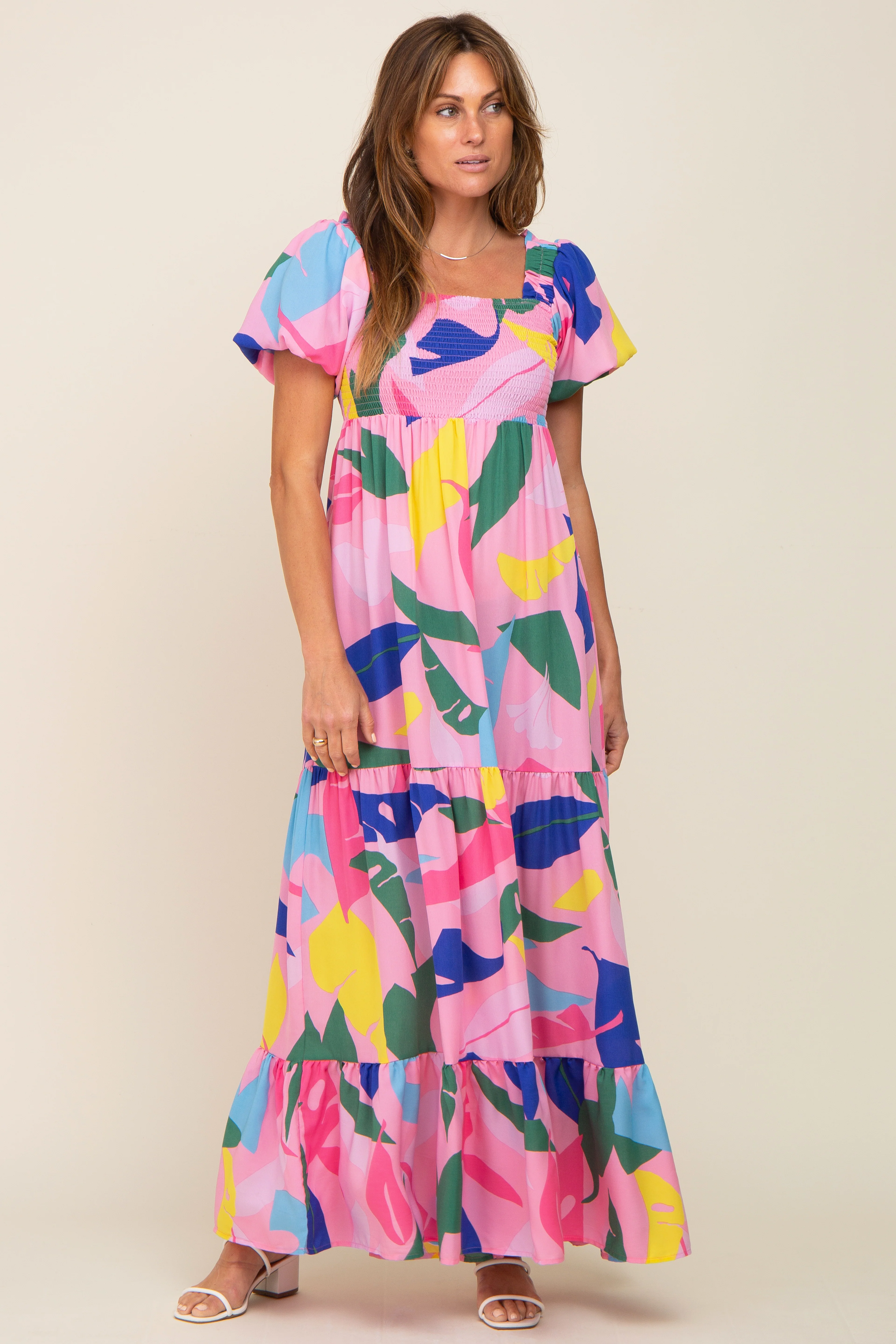 Pink Abstract Print Puff Sleeve Maxi Dress - Image 5