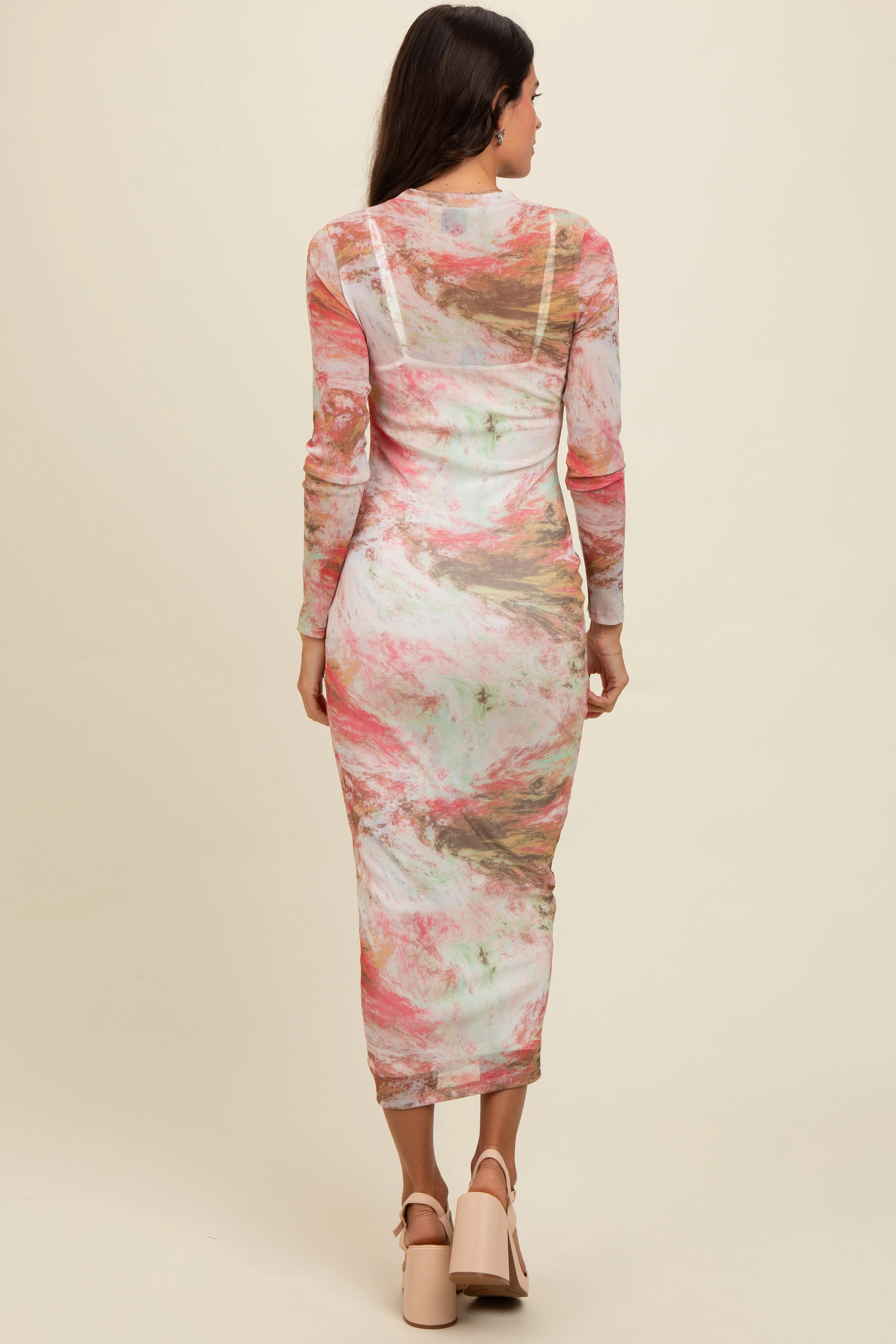 Pink Abstract Printed Mesh Overlay Maxi Dress - Image 3