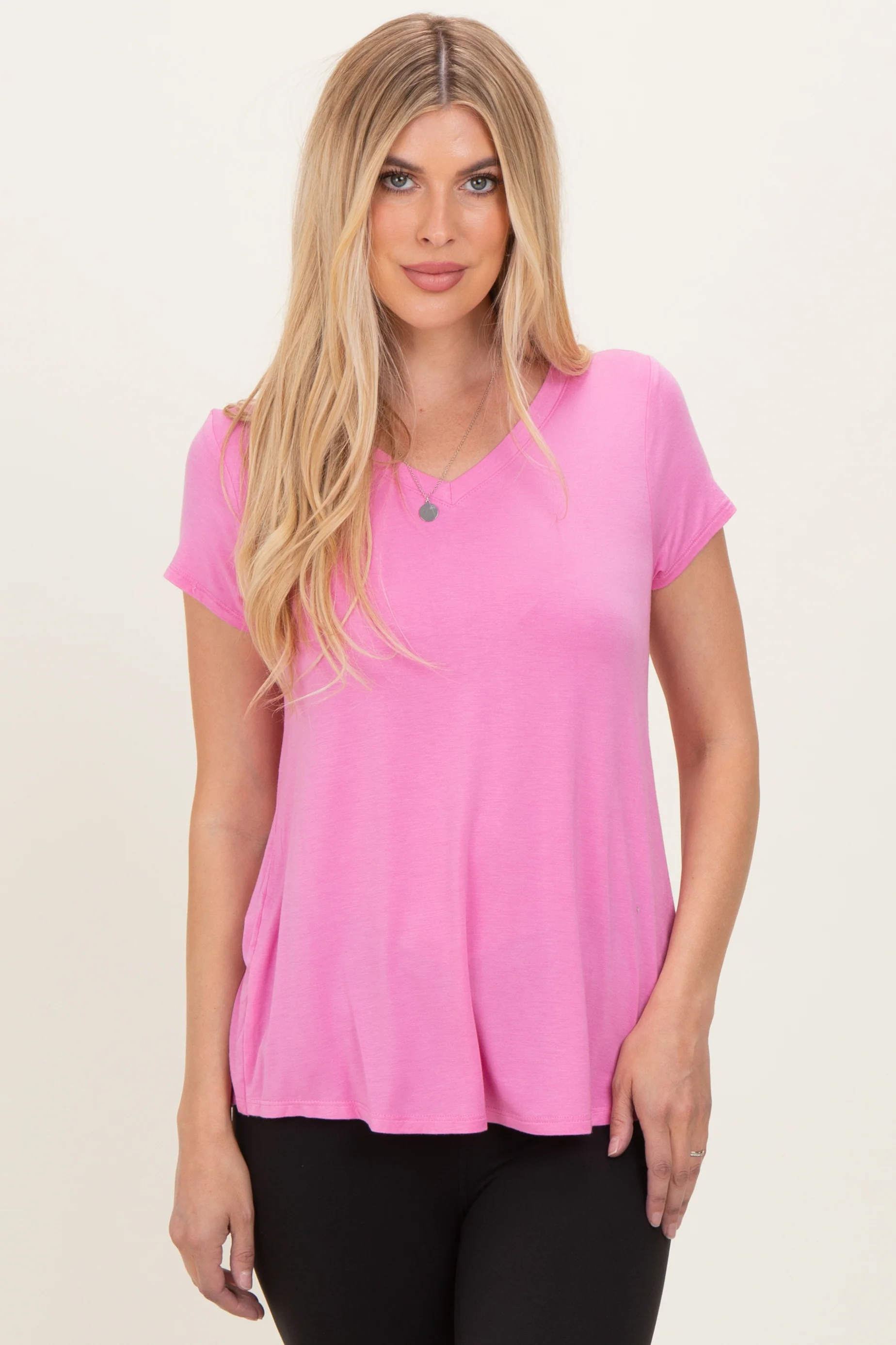 Pink Basic V-Neck Short Sleeve Top