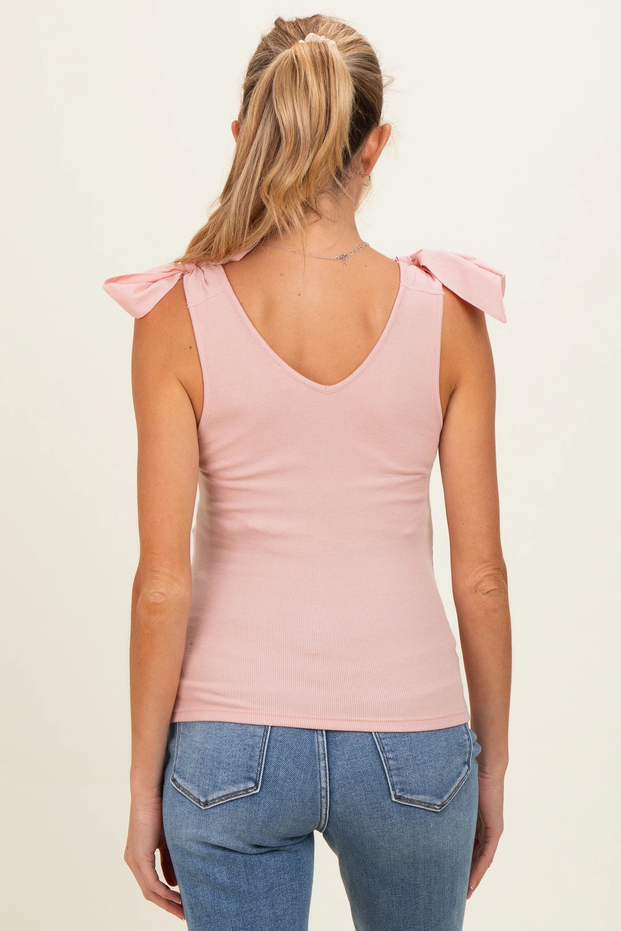 Pink Bow Tie Detail Sleeveless V Neck Ribbed Maternity Top - Image 4