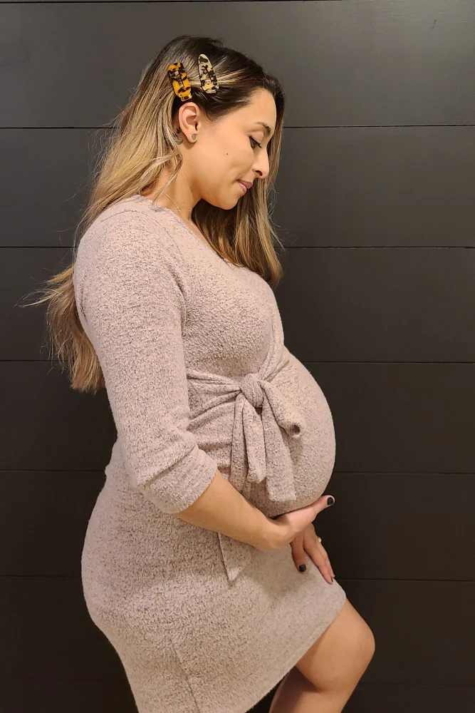 Pink Brushed Knit Wrap Fitted Maternity/Nursing Dress - Image 5