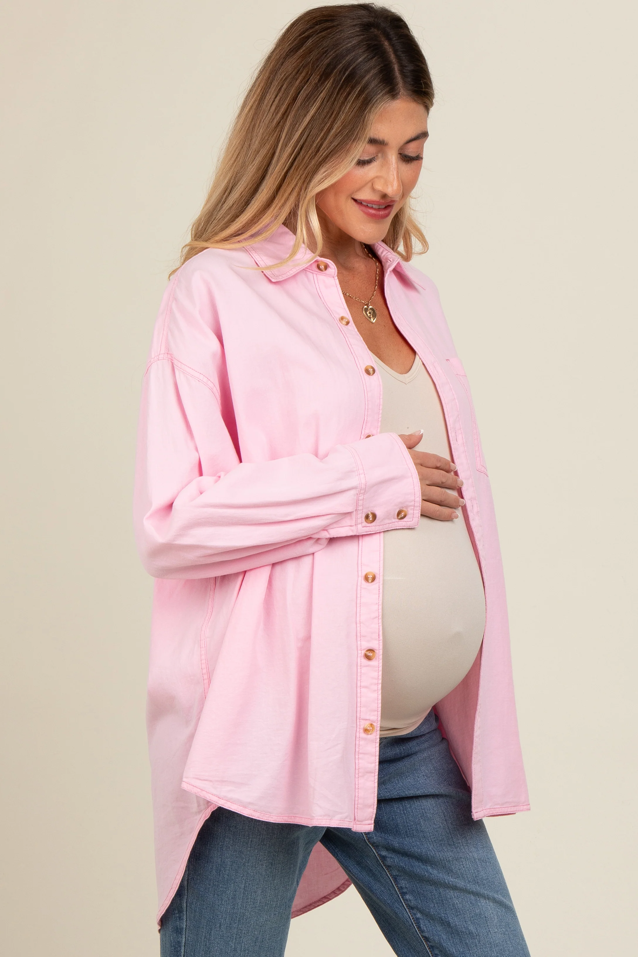 Pink Chambray Button Down Maternity Top - Image 3