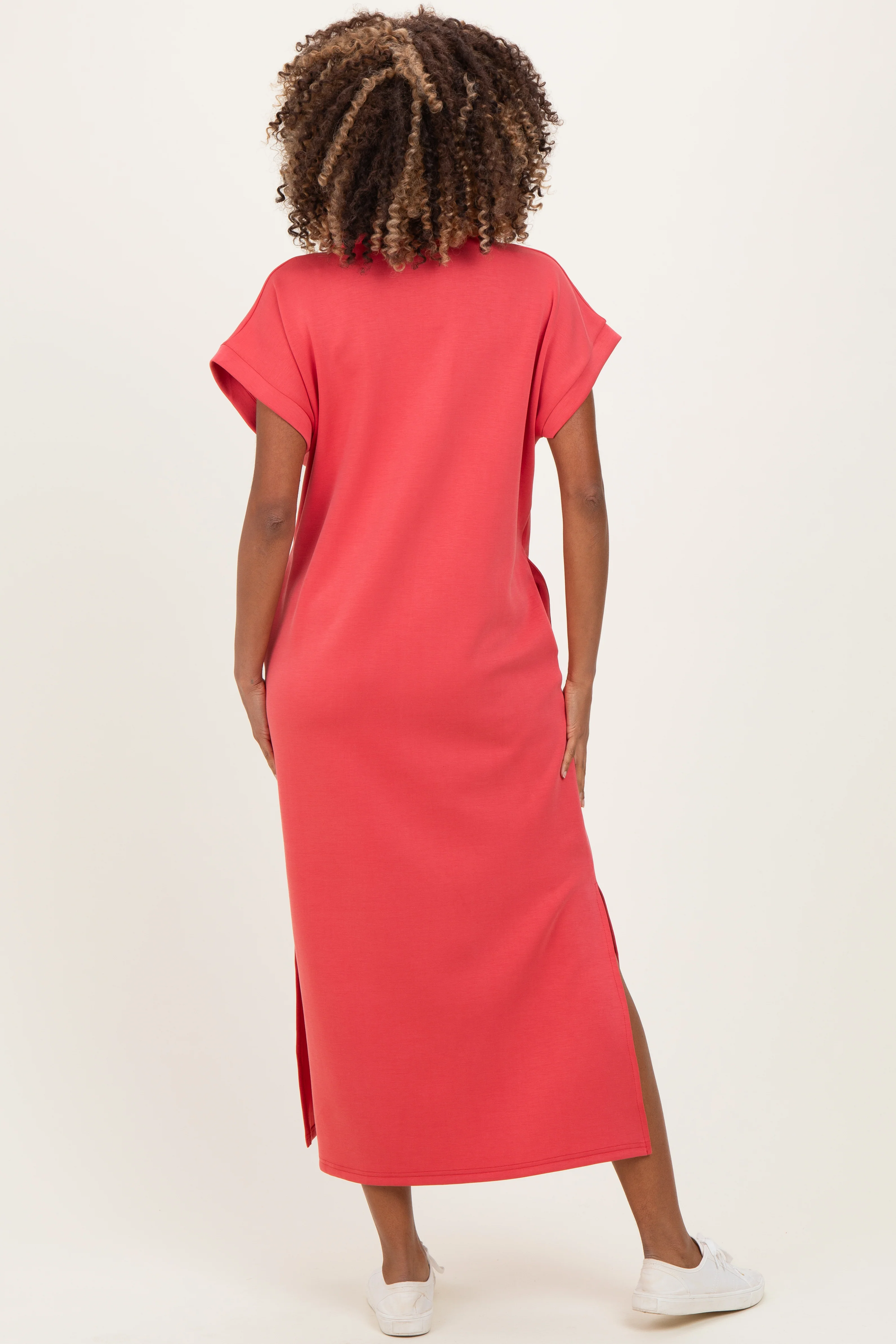 Pink Coral Collared Short Sleeve Maternity Midi Dress - Image 3