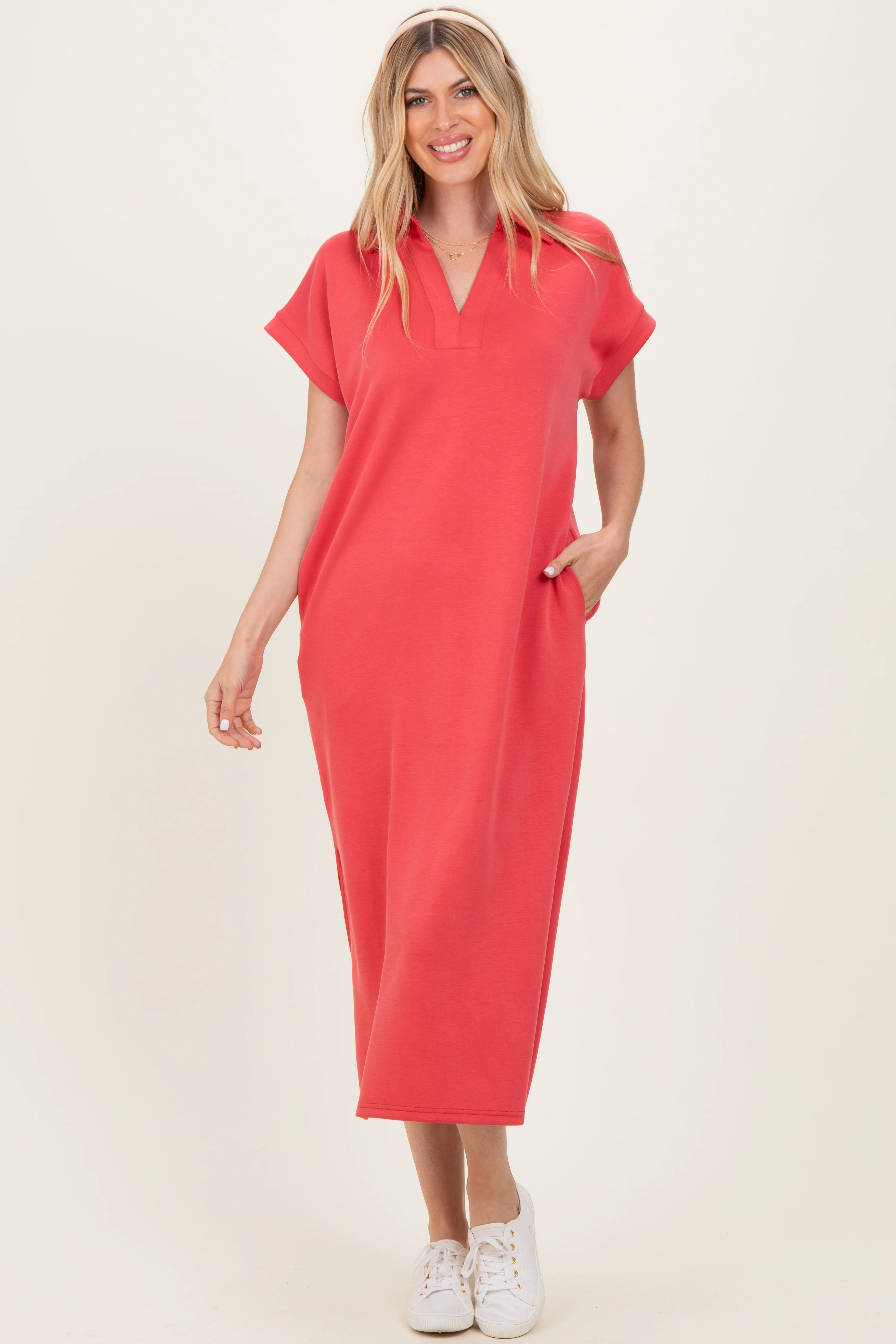 Pink Coral Collared Short Sleeve Maternity Midi Dress - Image 4
